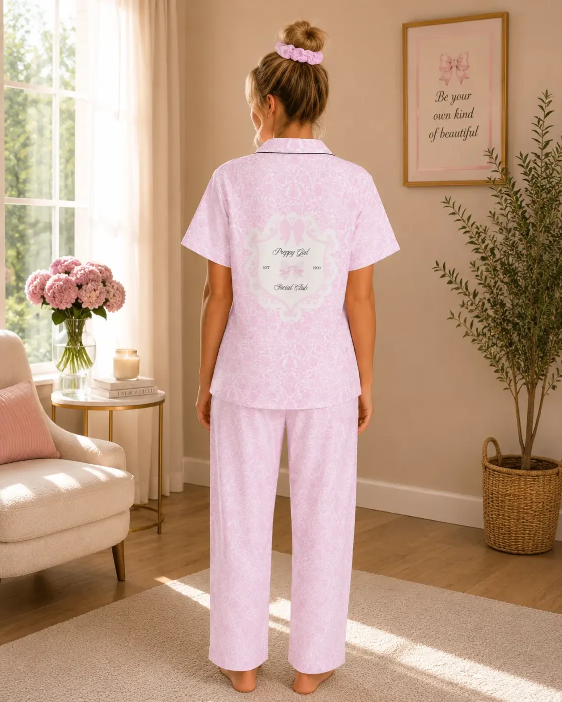 A rear view shot of a young woman standing in a cozy pastel bedroom wearing light pink patterned wide-leg lounge pajama pants with her hands in her pockets.