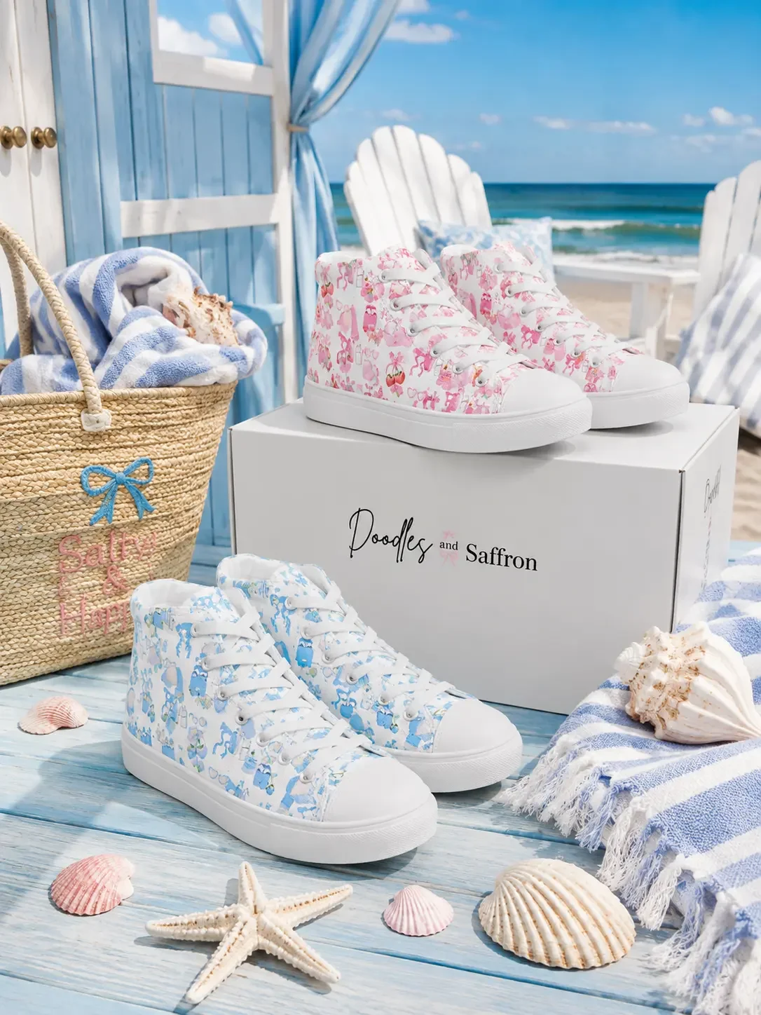 Two pairs of high-top sneakers in blue coastal charm and pink doodle prints displayed with a Doodles and Saffron box at the beach.