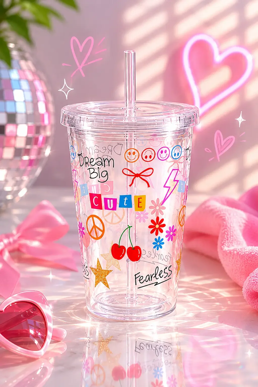 A clear plastic doodle tumbler next to a silver disco ball, pink sunglasses, and glowing neon hearts.