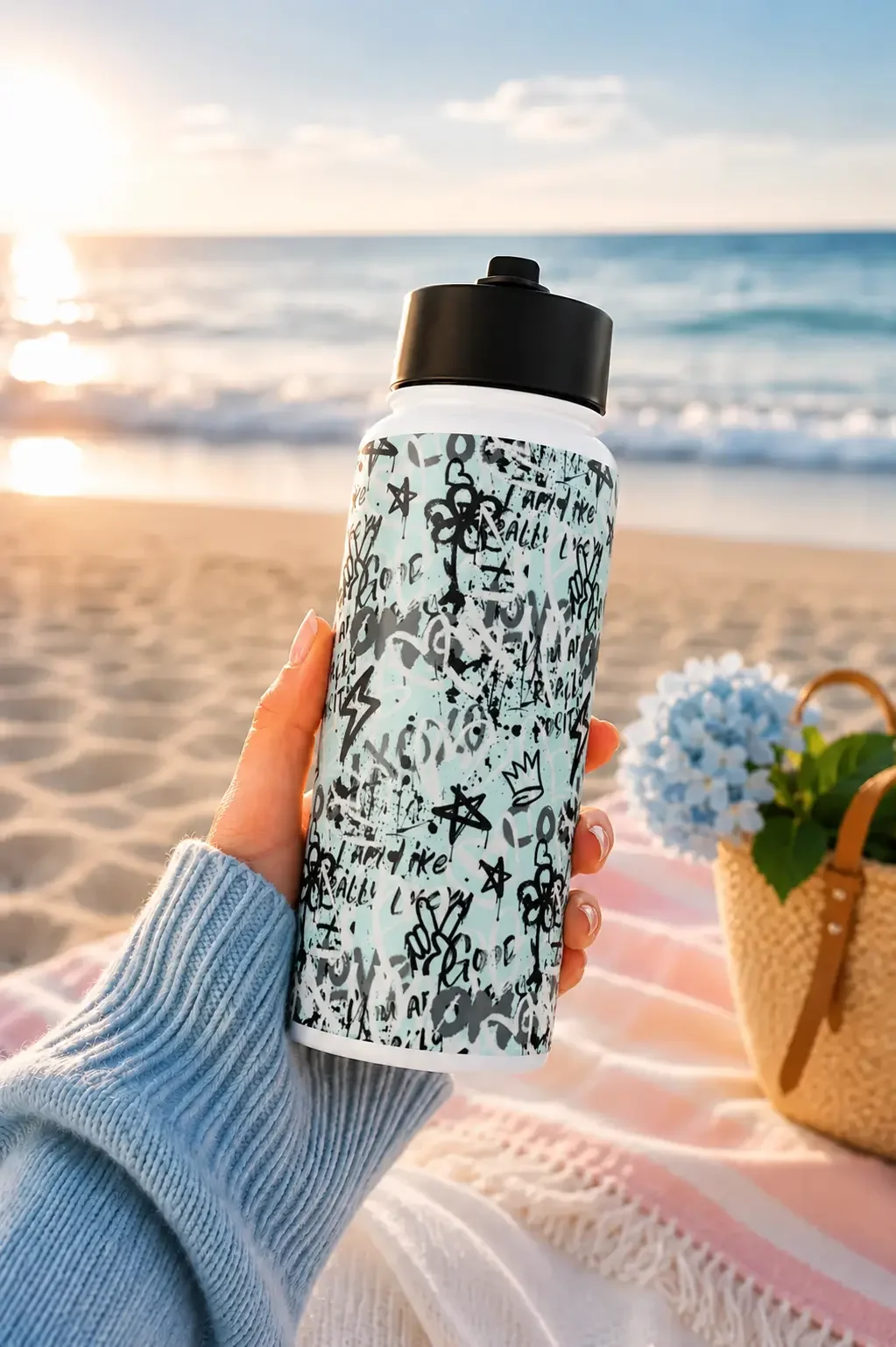 A hand holds a light blue graffiti print water bottle on a sandy beach, next to a pink towel, basket bag, and blue flowers.