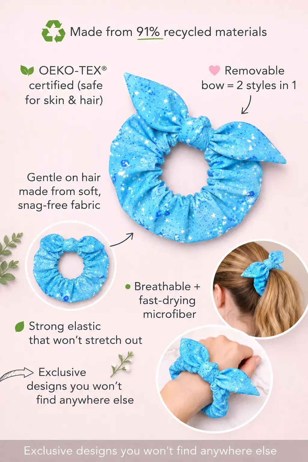 Sustainable blue star bow scrunchie infographic highlighting OEKO-TEX certified, snag-free microfiber fabric.