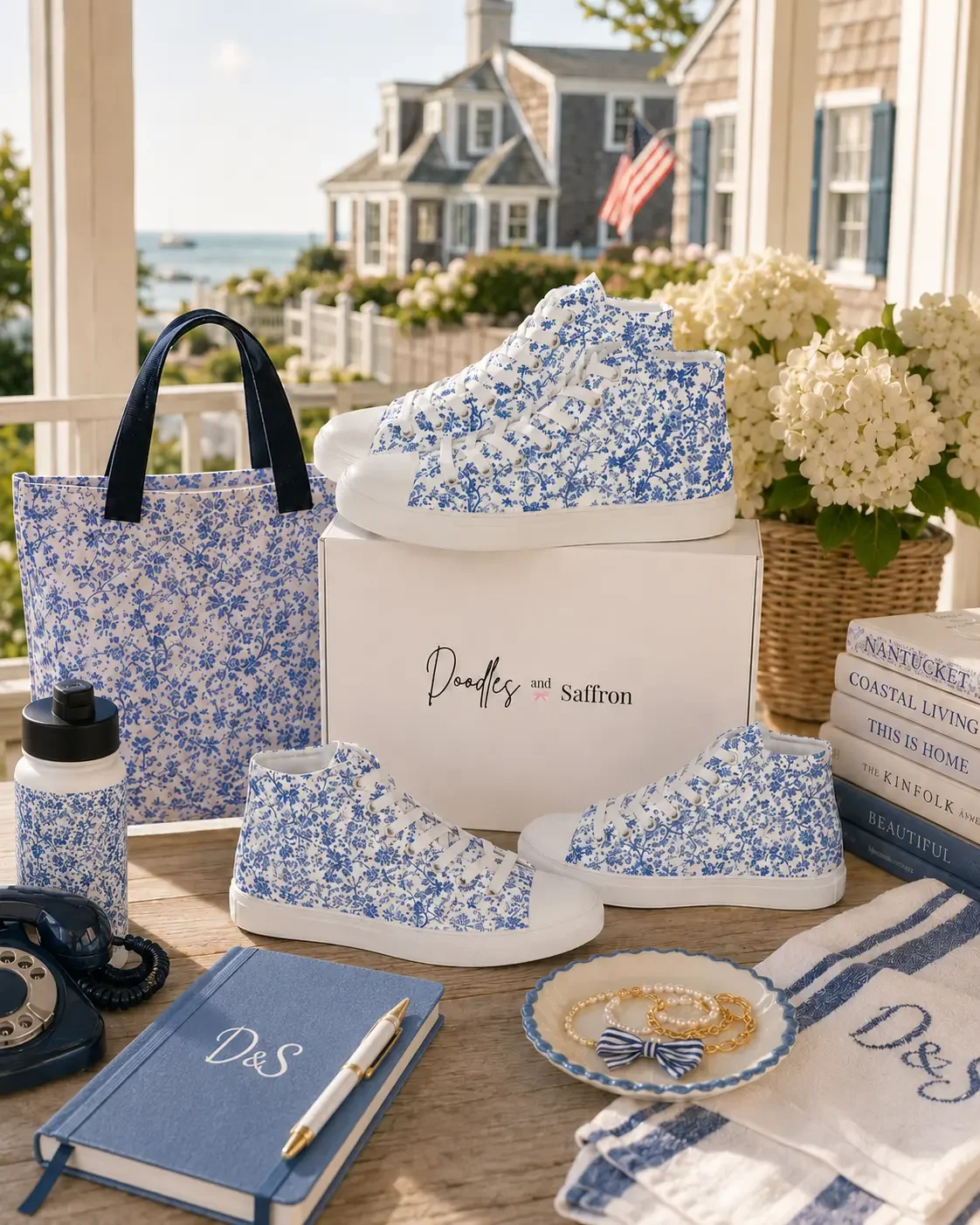 Blue floral toile high-top canvas sneakers displayed on a patio table with matching lifestyle accessories and a tote bag.