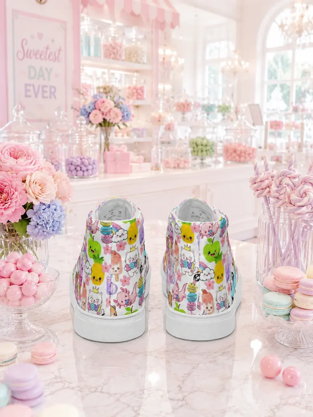 Back heel view of white high-top canvas sneakers with a cartoon character print pattern on a table in a pink candy shop.