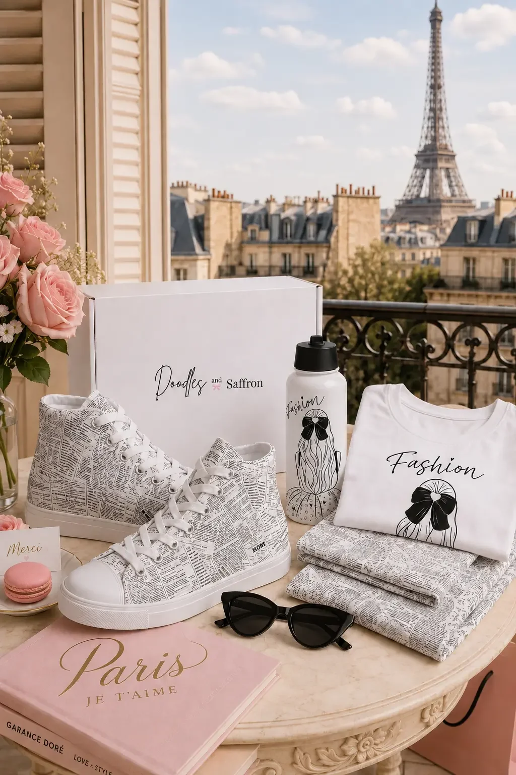Newspaper print high-top sneakers, a white Fashion t-shirt, and lifestyle accessories displayed on a table overlooking the Eiffel Tower.