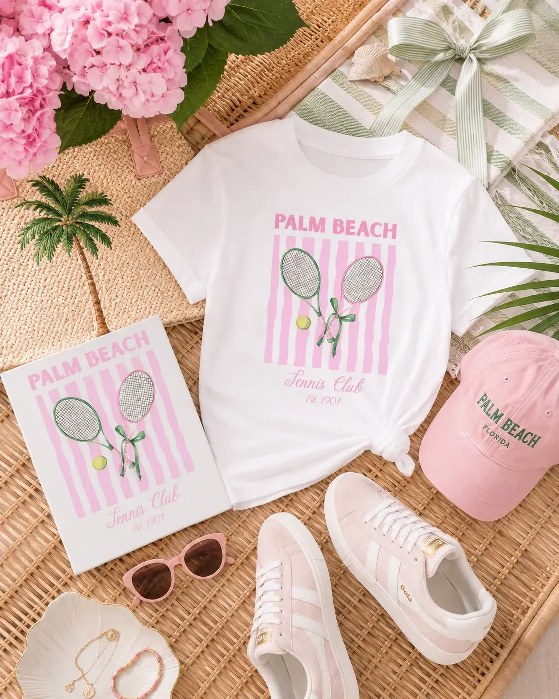 Flat lay display of a white Palm Beach Tennis Club graphic tee, matching pink-striped wall art canvas, a pink baseball cap, and light pink sneakers on a wicker mat. (Copy)