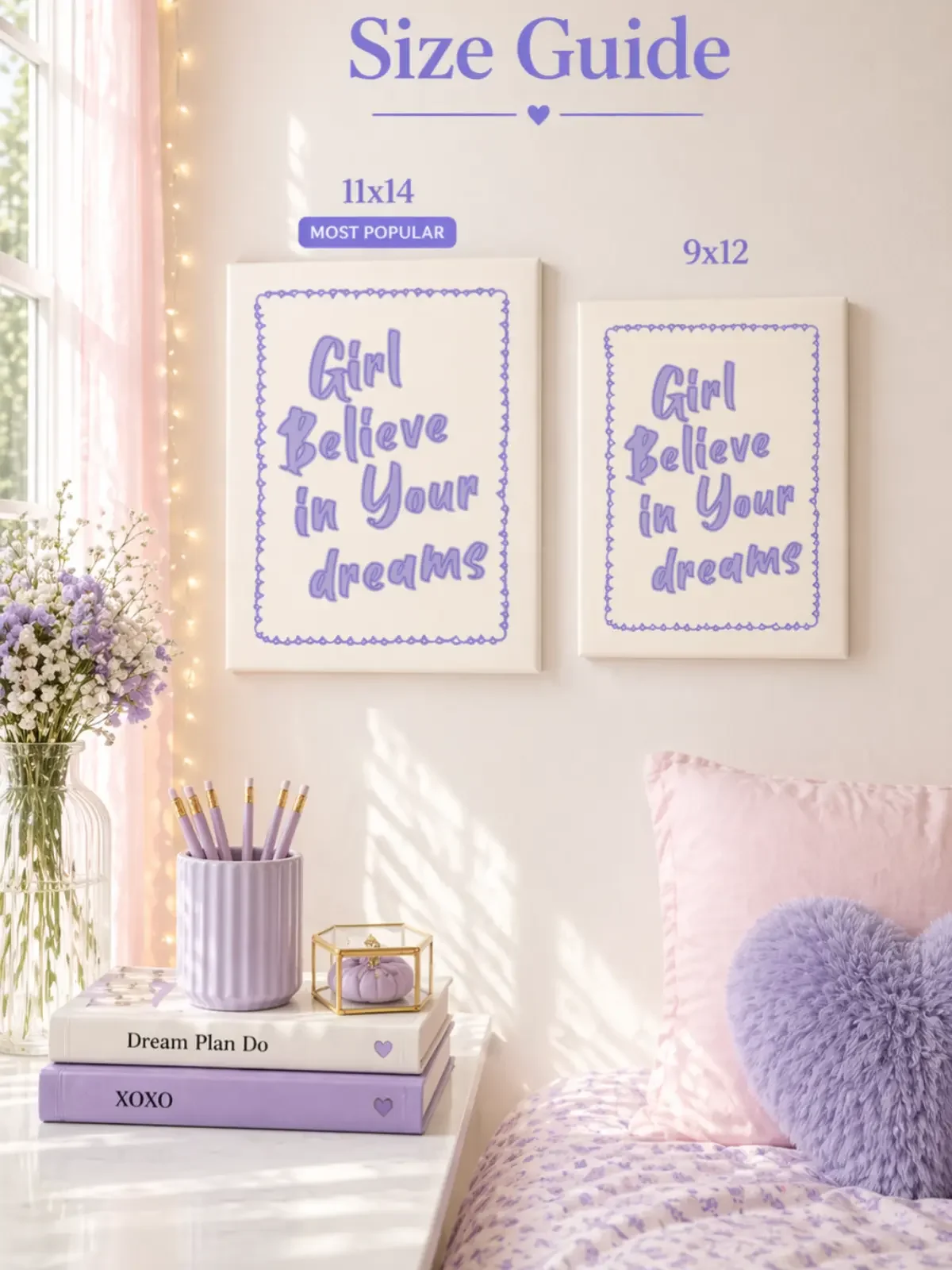 Size guide for Doodles and Saffron comparing 11x14 and 9x12 inch purple quote canvas prints hanging on a pastel wall.