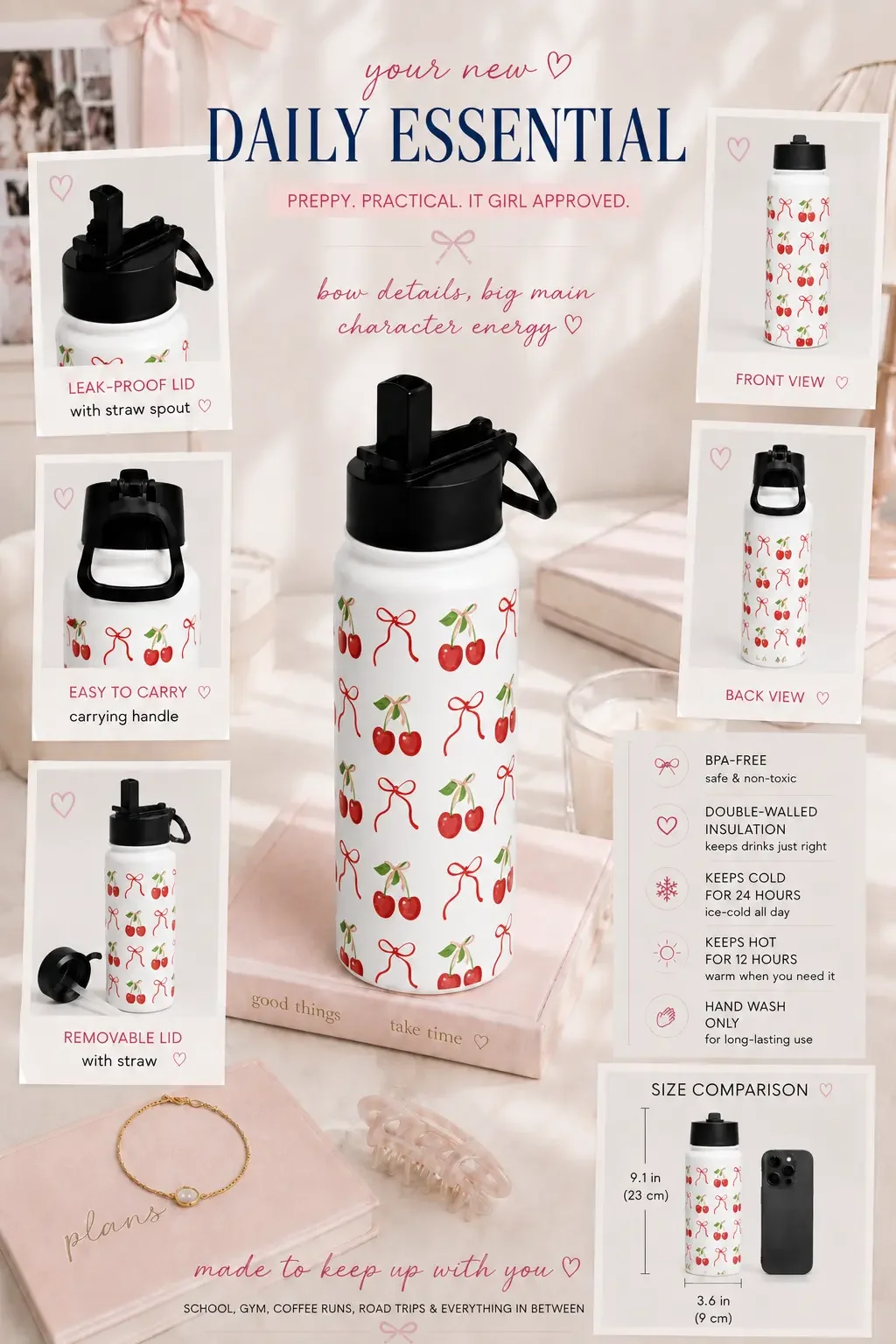 Infographic detailing features of a cherry and bow patterned water bottle, highlighting its insulation and size specs.