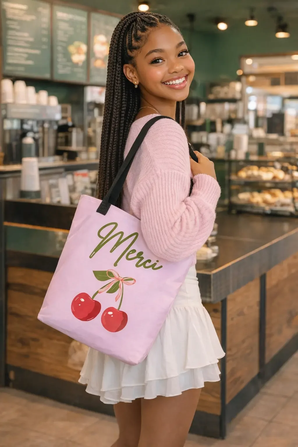 "Merci" Cherry Bow Aesthetic Tote Bag