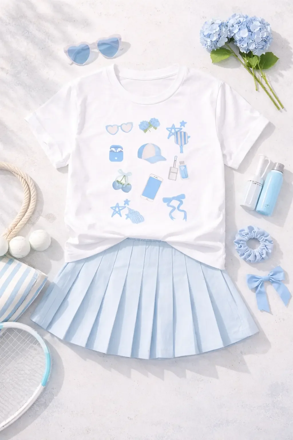 Flat lay of a white blue-icon graphic tee and light blue pleated skirt styled with blue sunglasses, hydrangeas, and tennis gear.