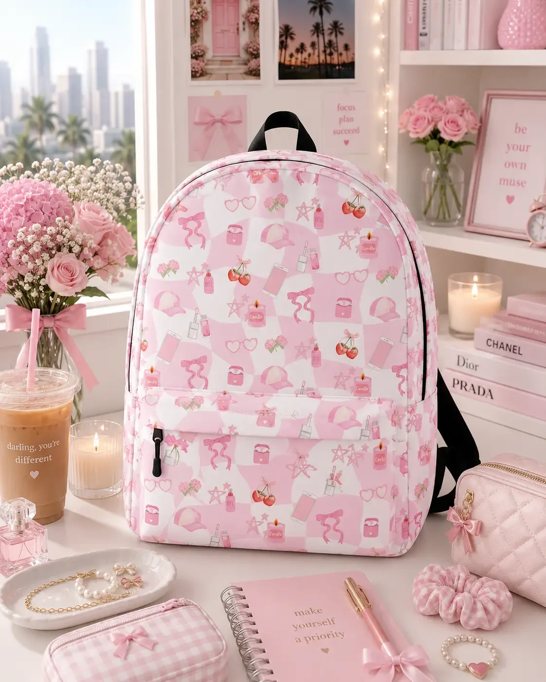 Pink preppy icon backpack on a desk styled with stationery, iced coffee, fresh roses, and designer book stacks.