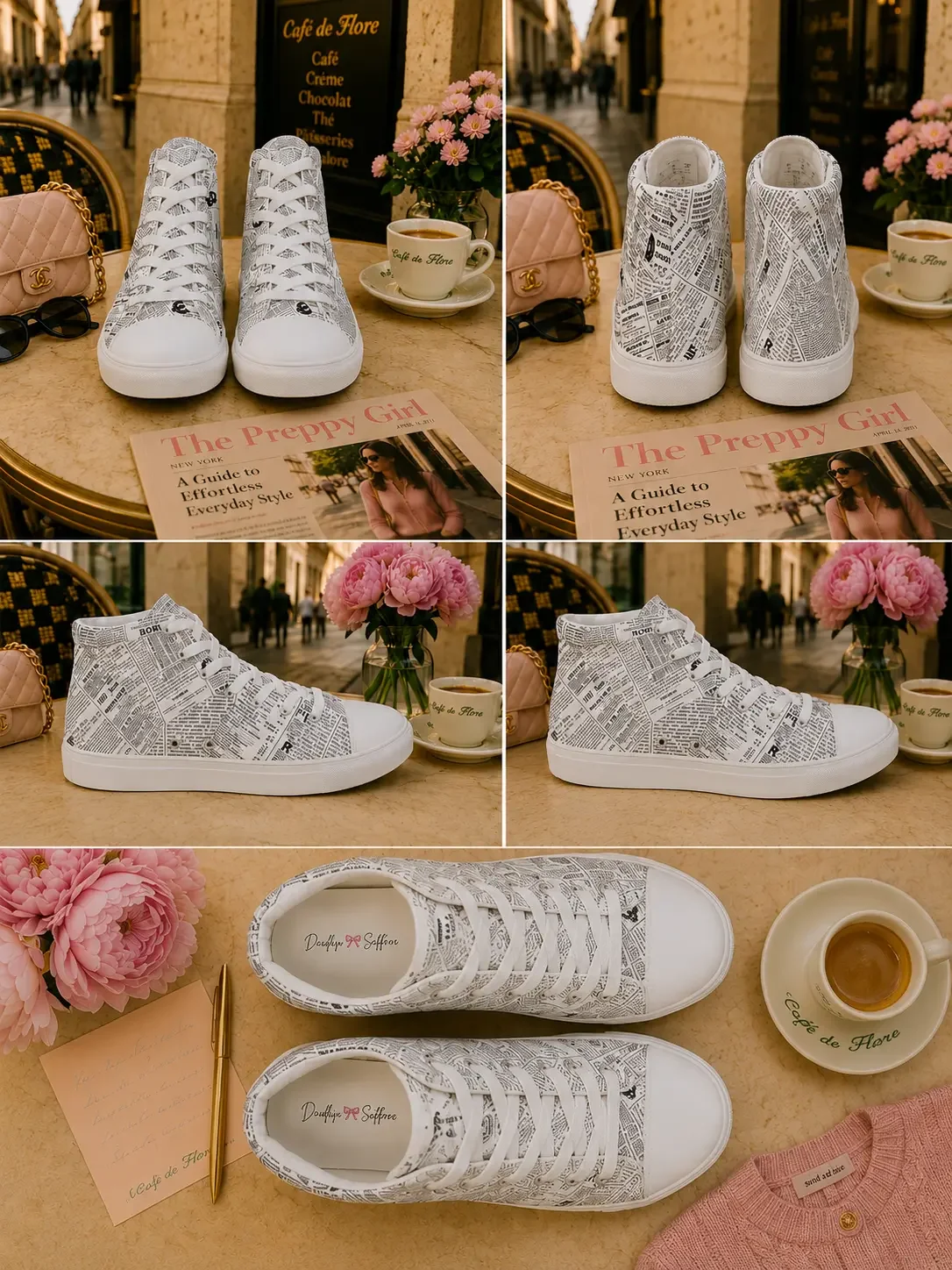 A multi-angle grid collage showcasing white vintage newspaper print high-top sneakers from five different perspectives.