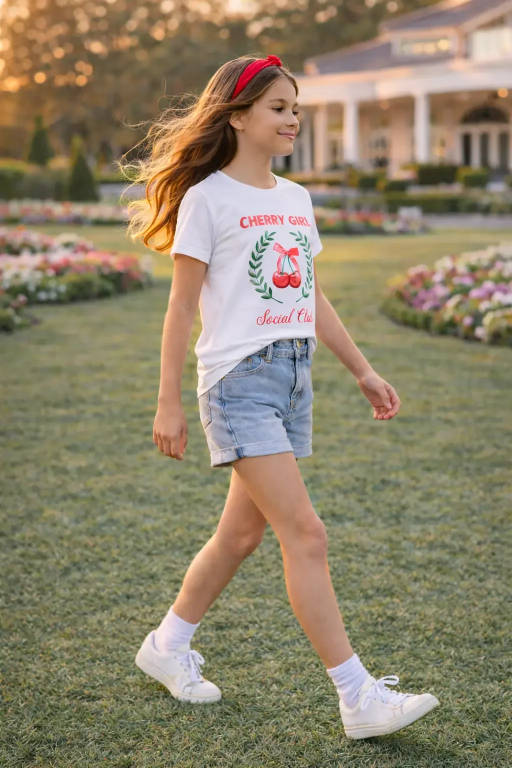 Girls-white-cherry-girl-social-club-tee-side-walking.webp
