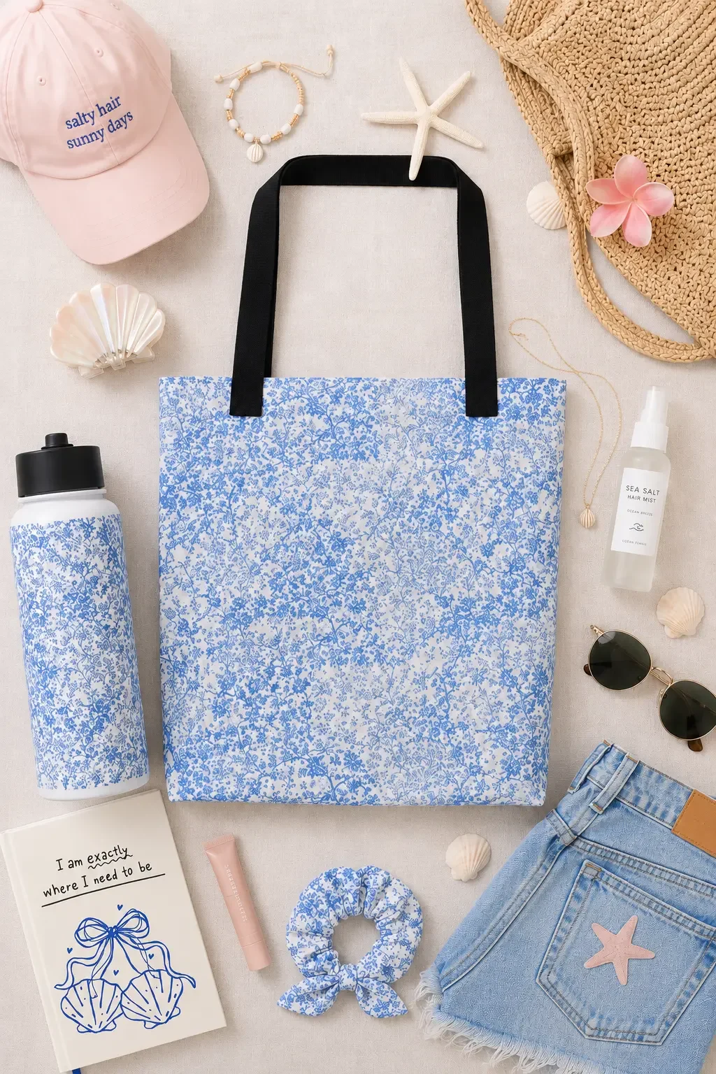 Blue floral tote bag flat lay with beach essentials like a pink cap, denim shorts, sunglasses, and a novel.