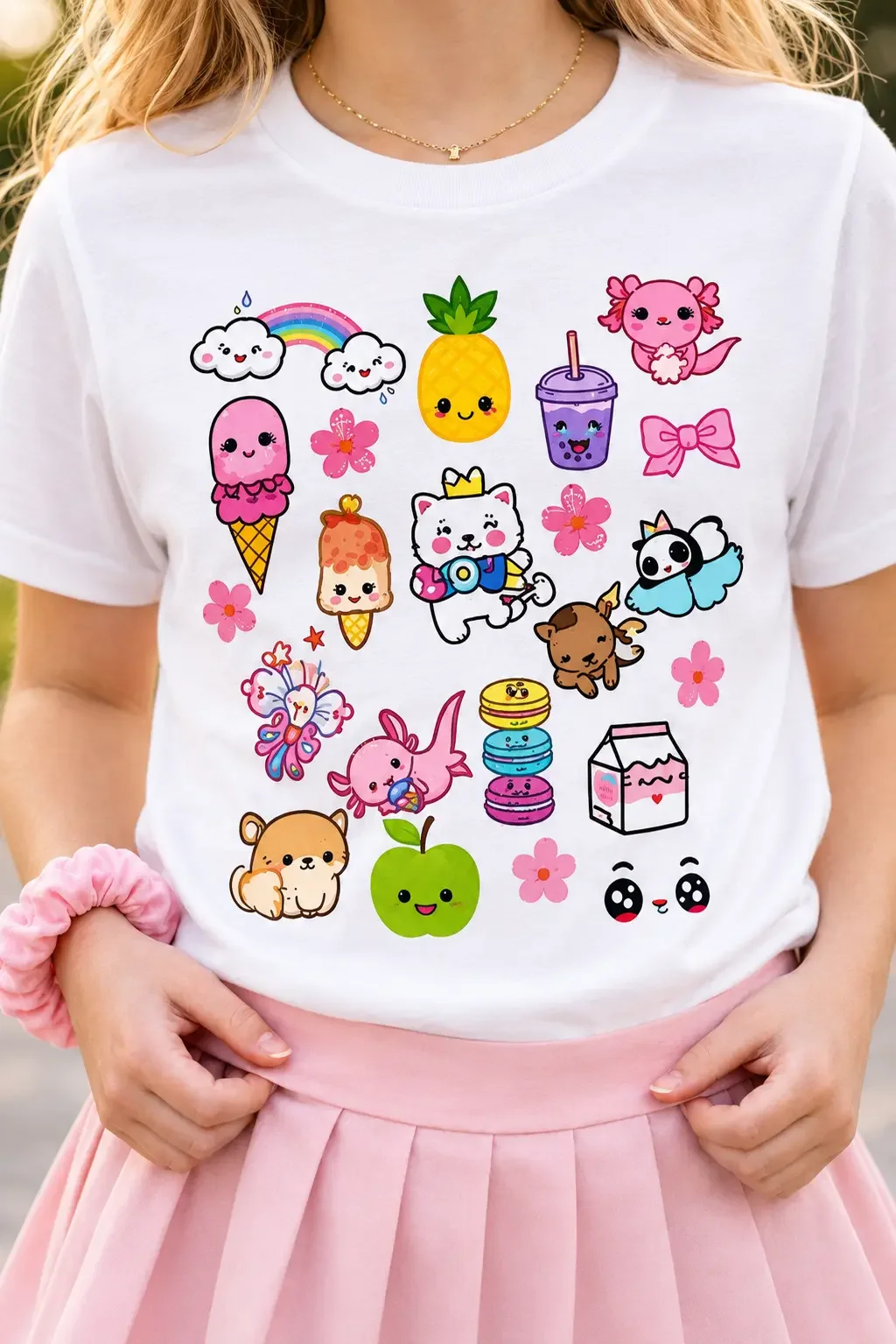 Close-up of a white graphic tee featuring an assortment of colorful kawaii cartoon doodles, characters, and sweet treats.