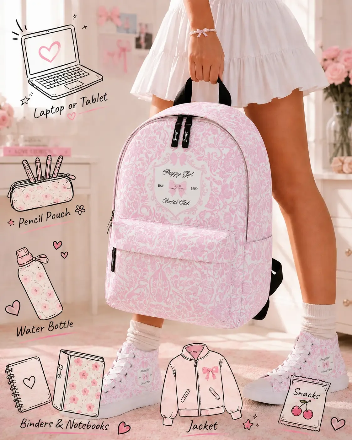 Product infographic displaying storage capacity illustrations alongside a woman holding a pink damask backpack.
