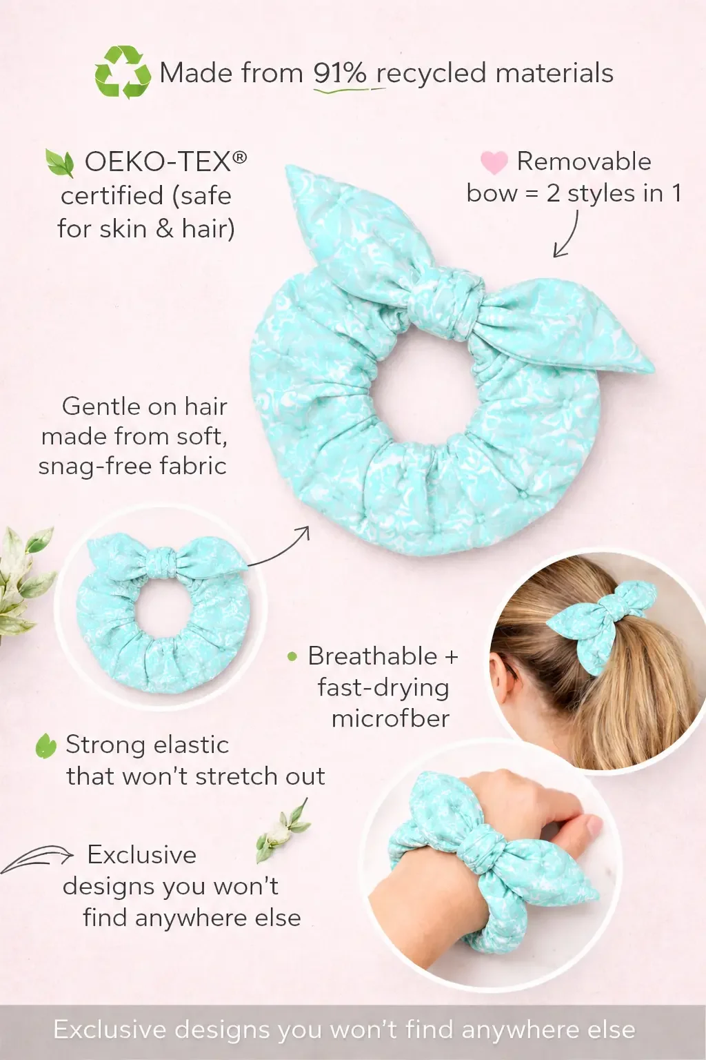Sustainable blue floral bow scrunchie infographic highlighting OEKO-TEX certified, snag-free microfiber fabric