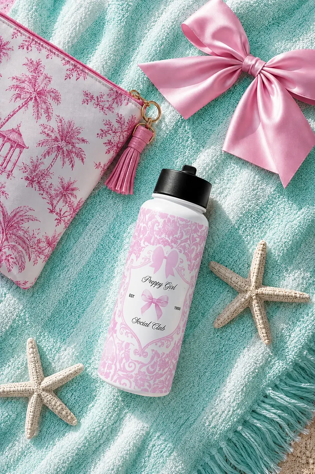 Flat lay of a pink damask Social Club water bottle, toile bag, satin bow, and starfish on a mint towel.