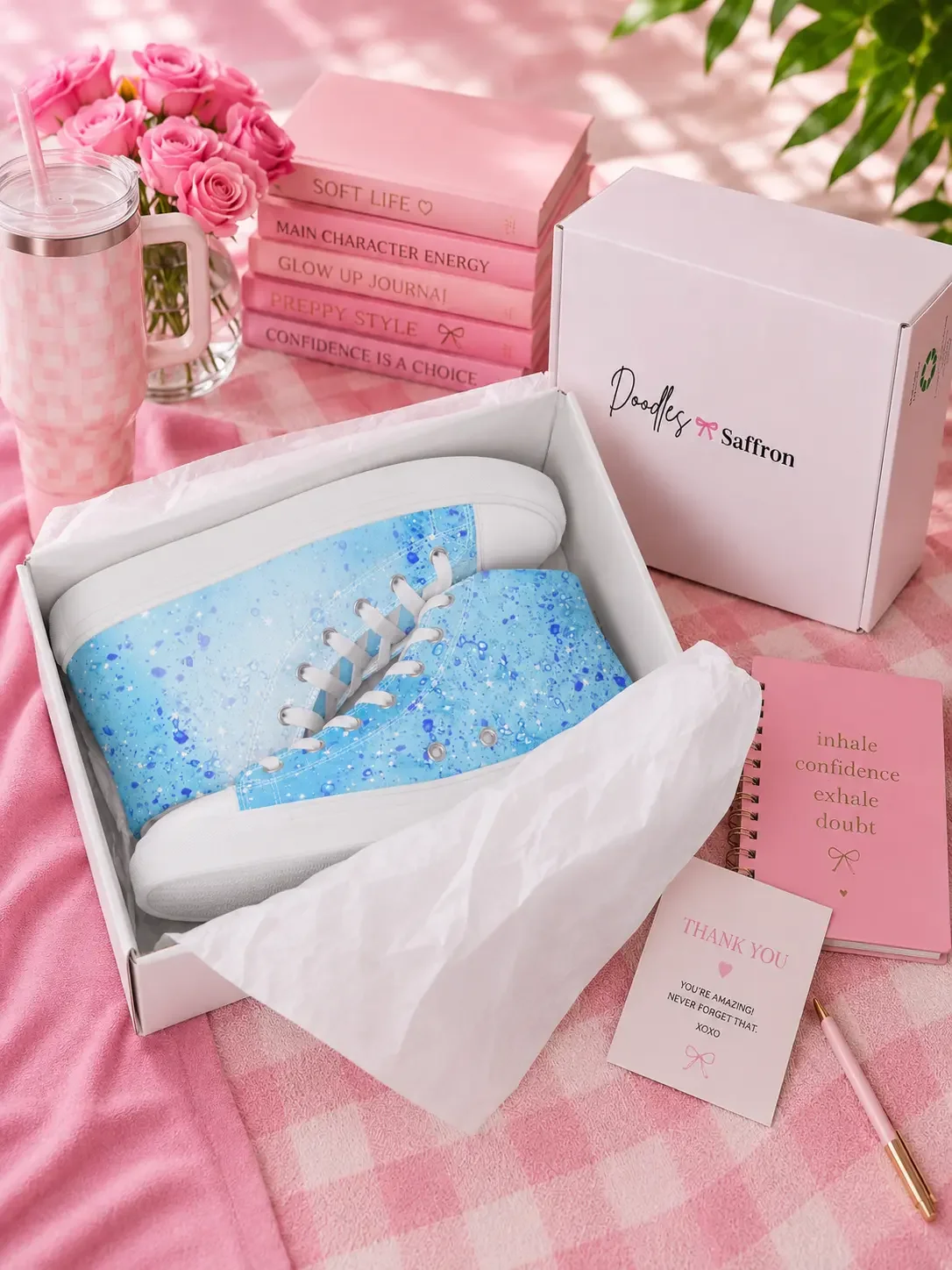 A pair of light blue paint splatter print high-top sneakers packed neatly inside an open white Doodles and Saffron shoebox.