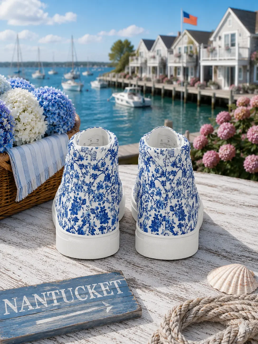 Back heel view of blue floral toile print high-top canvas sneakers displayed on a wooden deck overlooking Nantucket harbor.