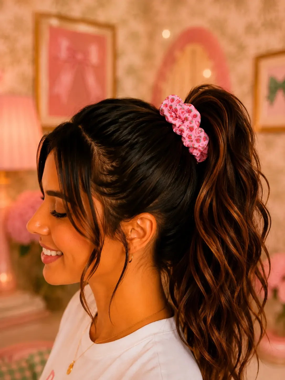 A side profile view of a smiling young brunette woman with her wavy hair styled in a high ponytail secured by a light pink and red strawberry pattern scrunchie.