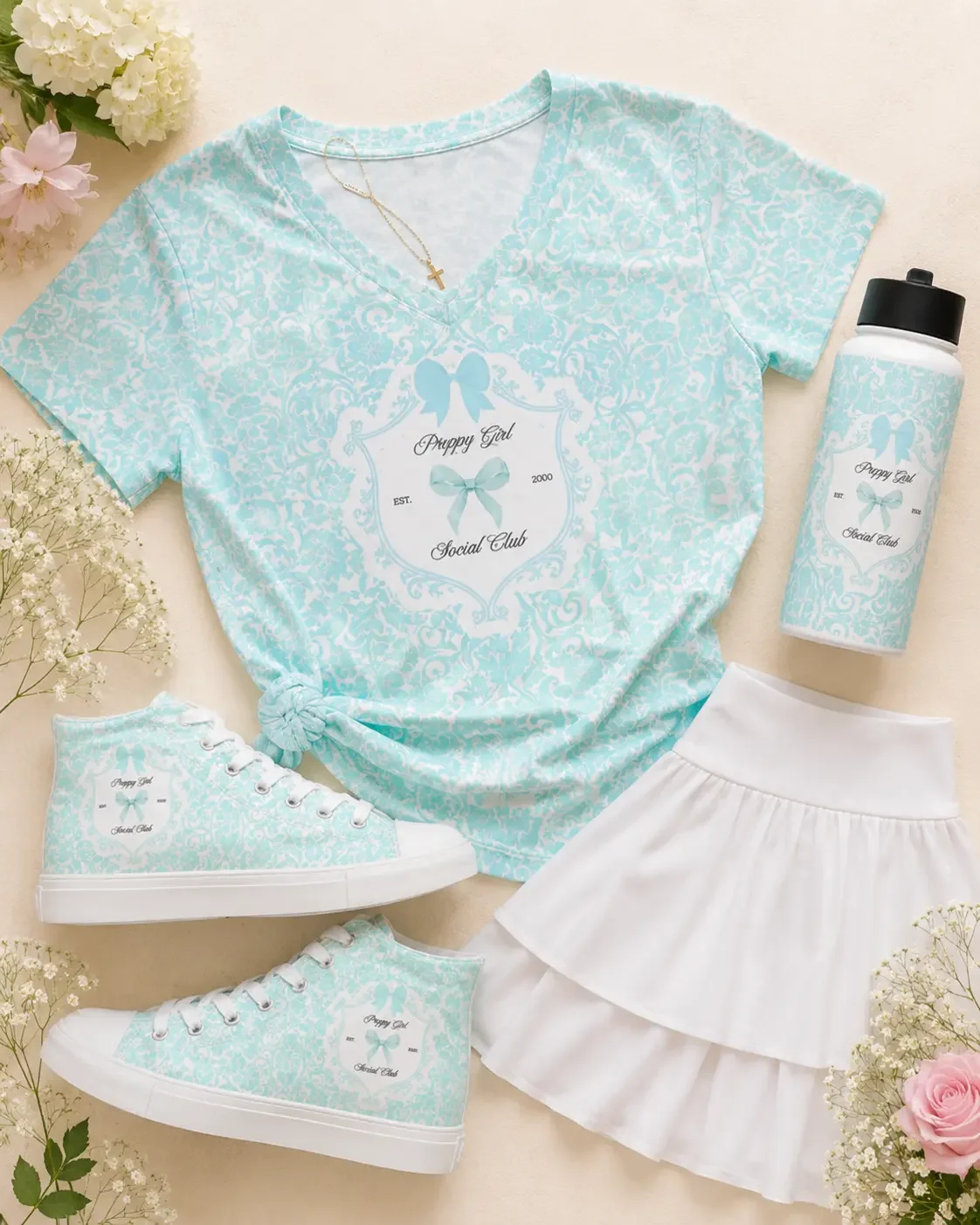 preppy-girl-social-club-damask-tshirt-skirt-flatlay.webp