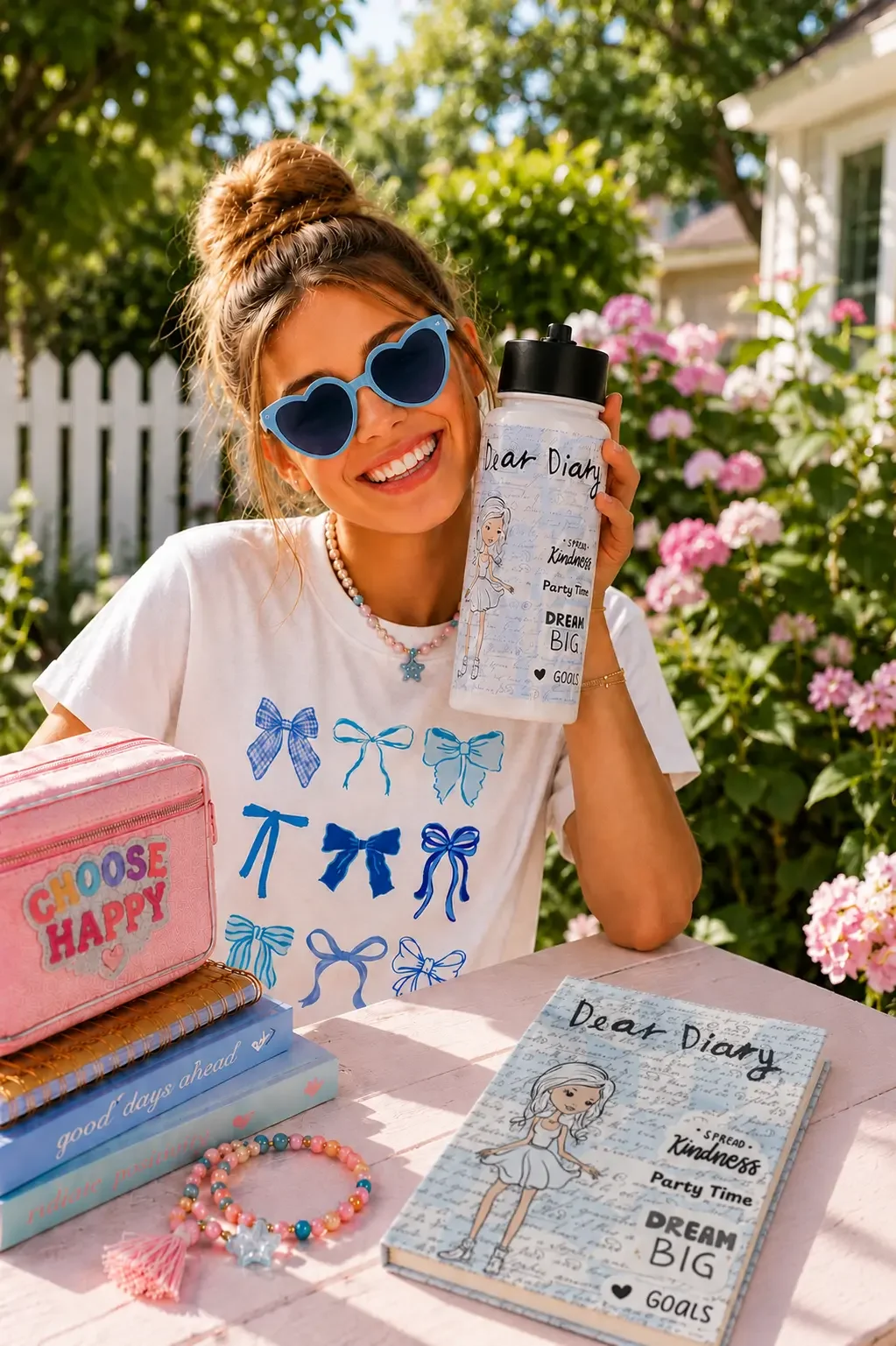 Smiling girl holding a diary water bottle that matches her notebook journal and preppy coquette bow t-shirt.