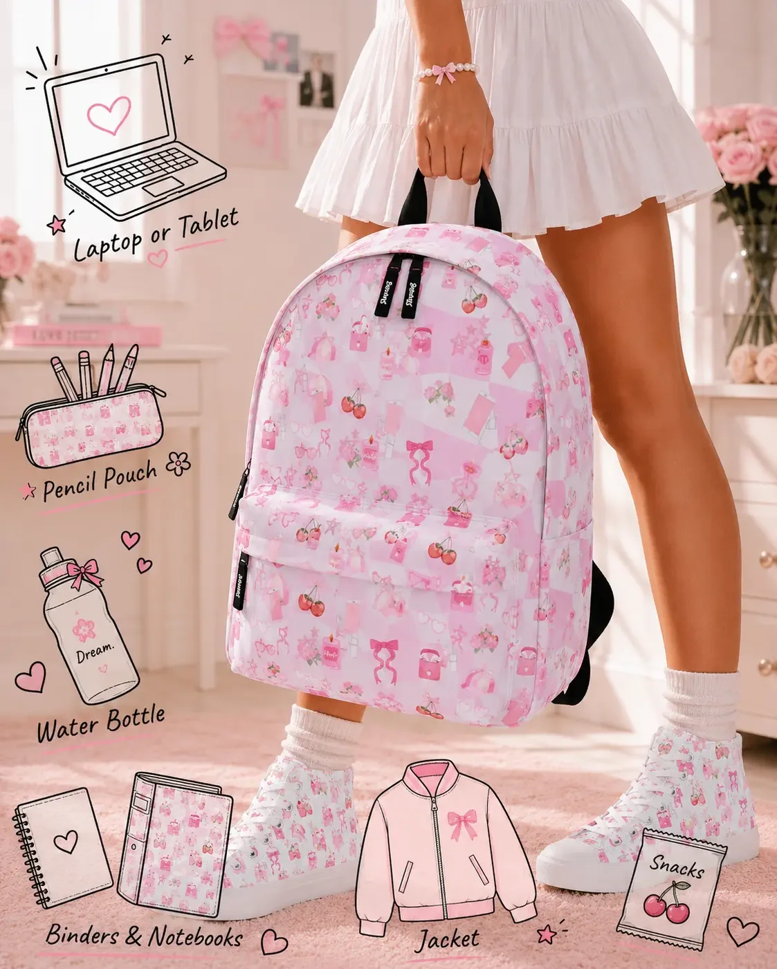 Product infographic displaying storage capacity illustrations alongside a woman holding a pink preppy icon backpack.