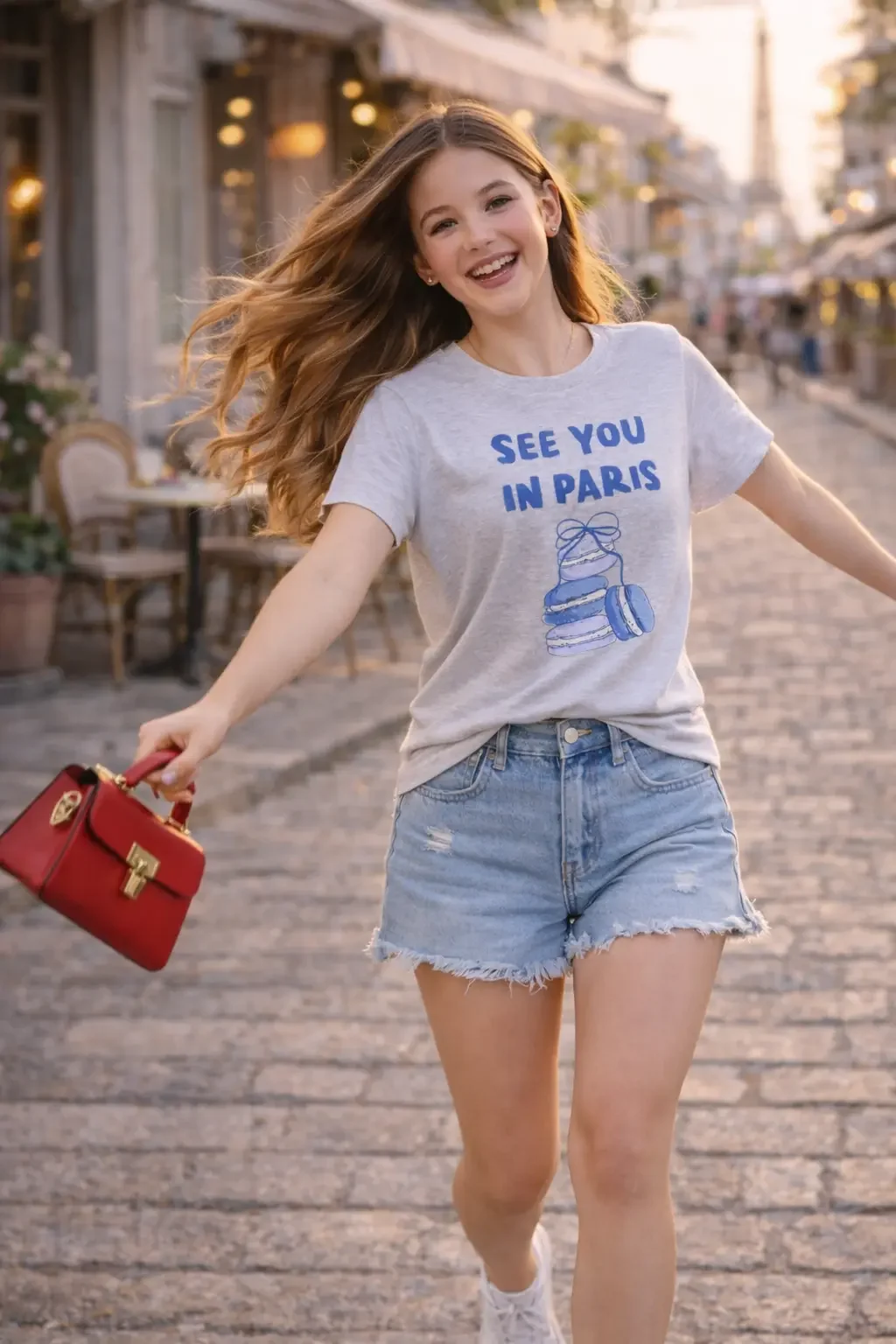 Smiling girl twirling down a Parisian cobblestone street wearing a see you in paris macaron shirt, jean shorts, and holding a red bag.