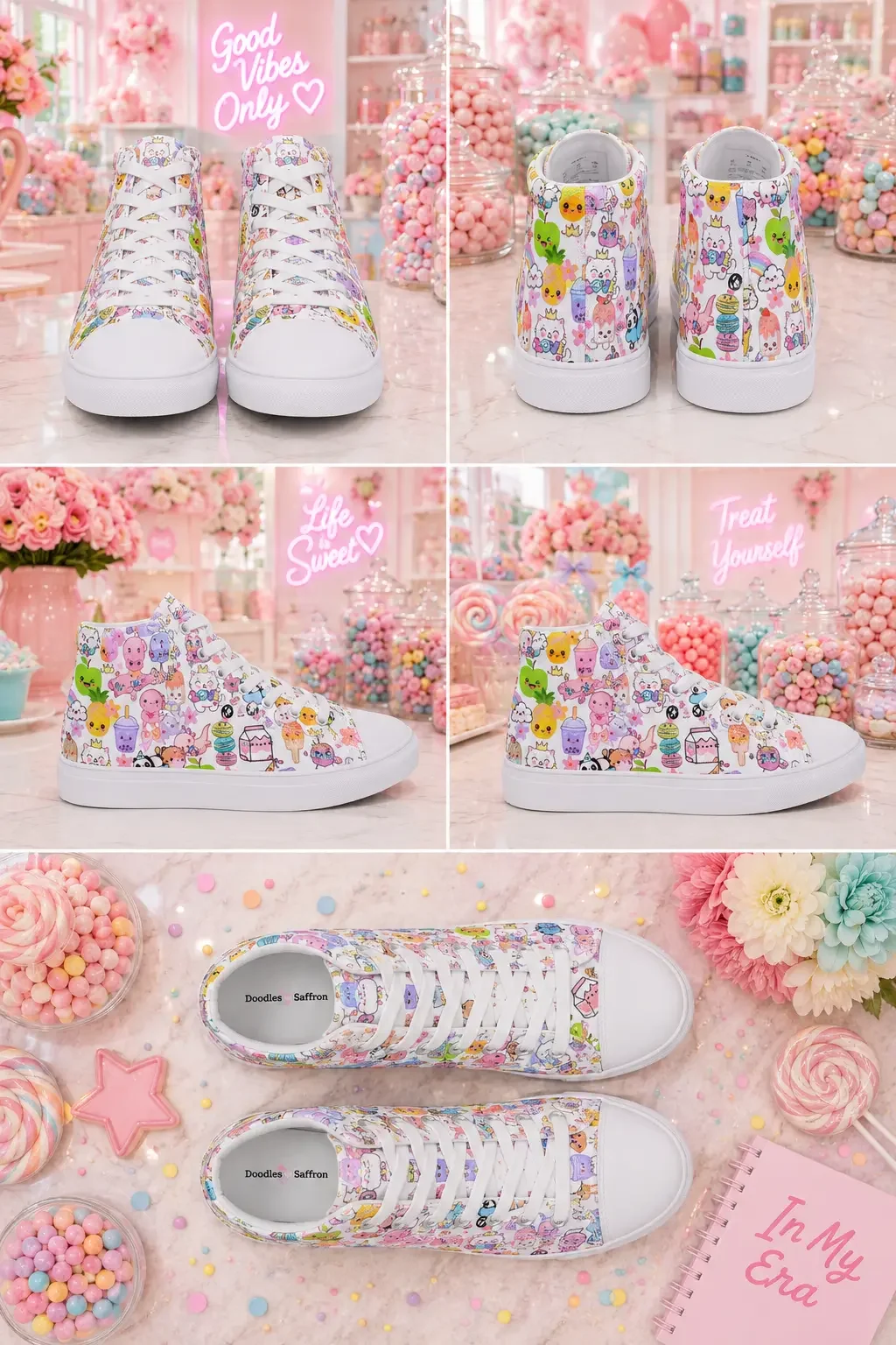 Collage showing five product views of white high-top canvas sneakers with a colorful cartoon character print in a candy shop.
