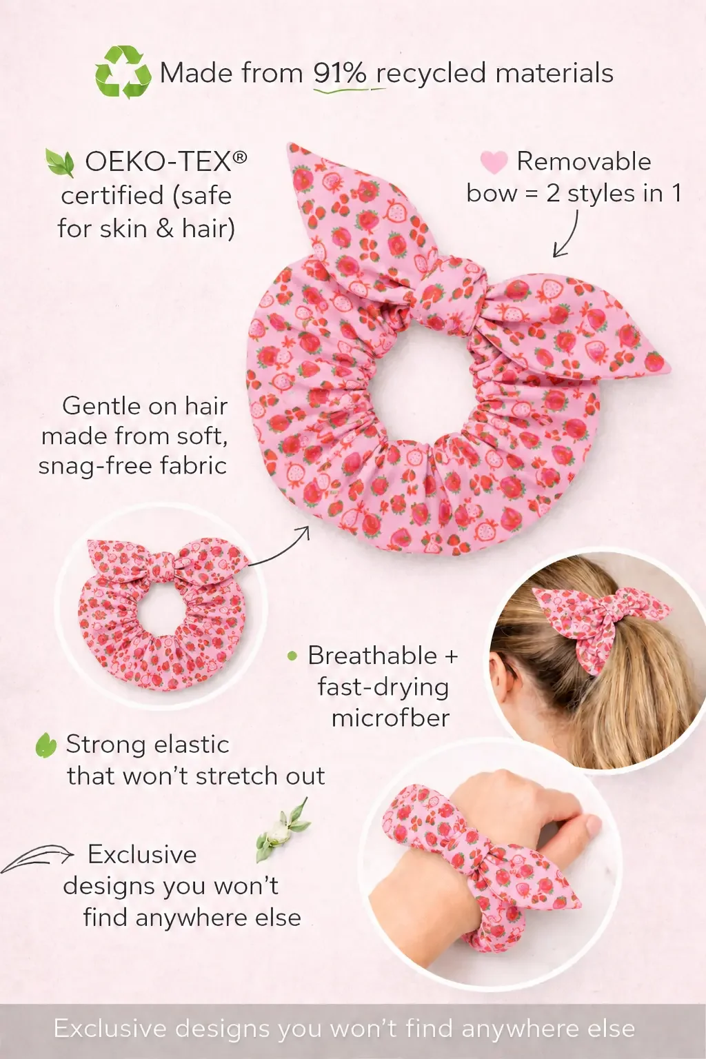 Sustainable pink strawberry bow scrunchie infographic highlighting OEKO-TEX certified, snag-free microfiber fabric.