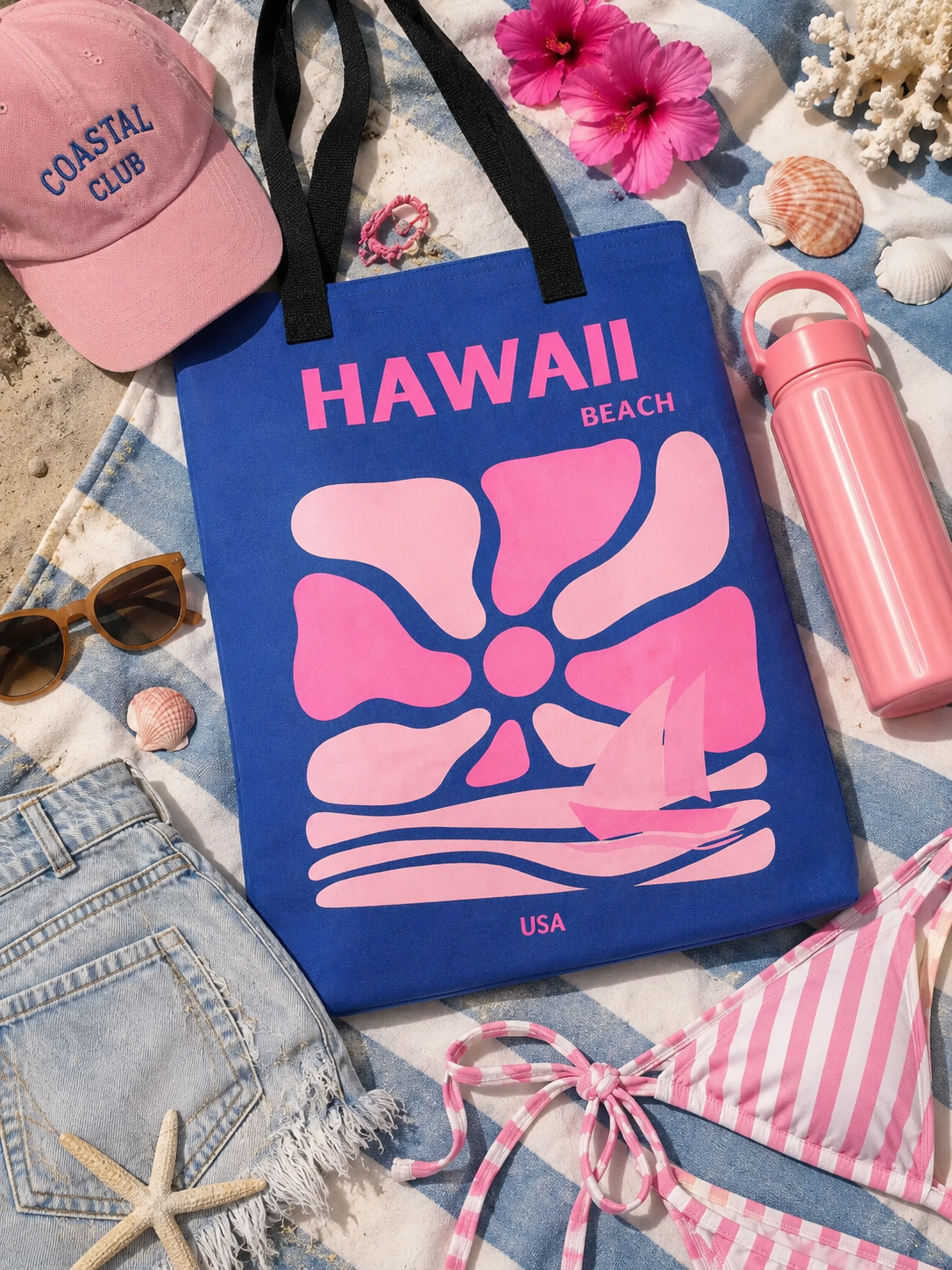 Cobalt blue canvas tote bag featuring pink bold "HAWAII BEACH" text and a retro abstract sun and sailboat design.