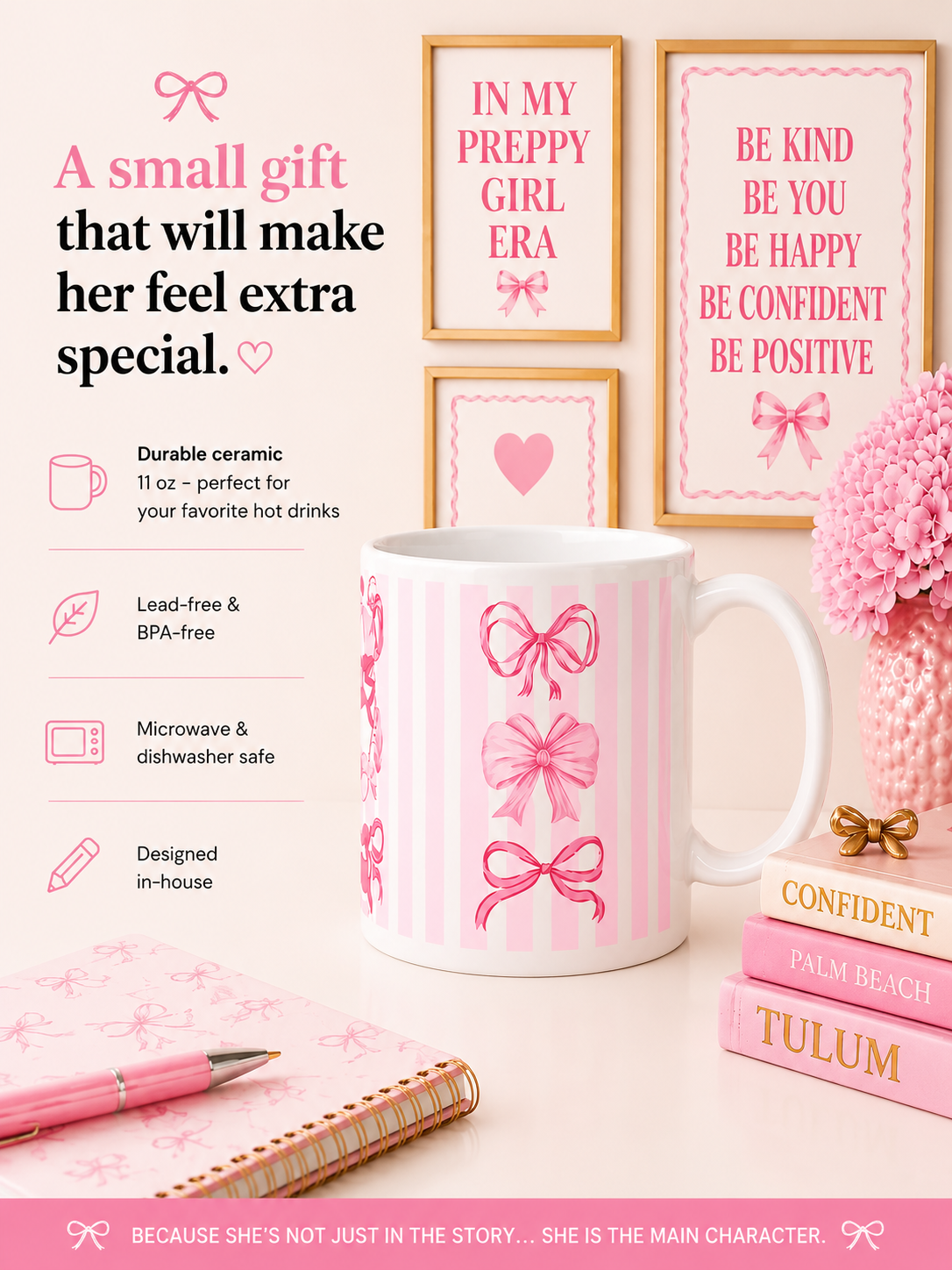Pink striped coquette bow mug infographic listing product details next to inspirational preppy desk decor.