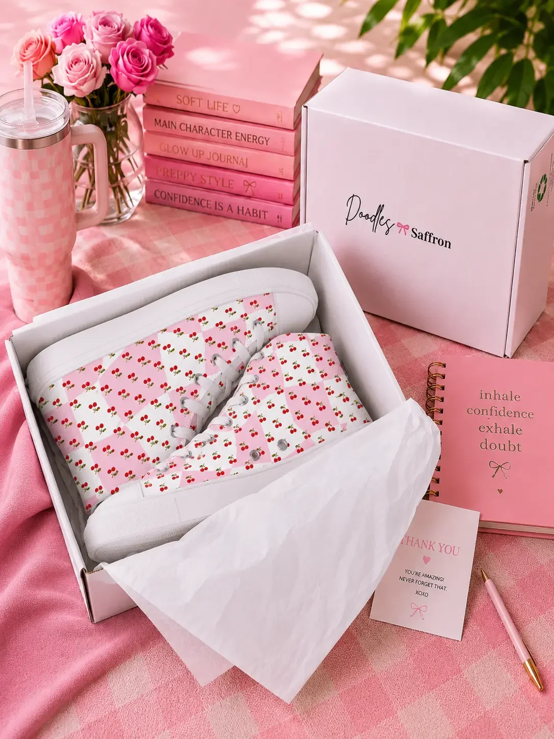 Pink checkered high-top sneakers with a cherry pattern inside a white shipping box surrounded by pink aesthetic stationery.