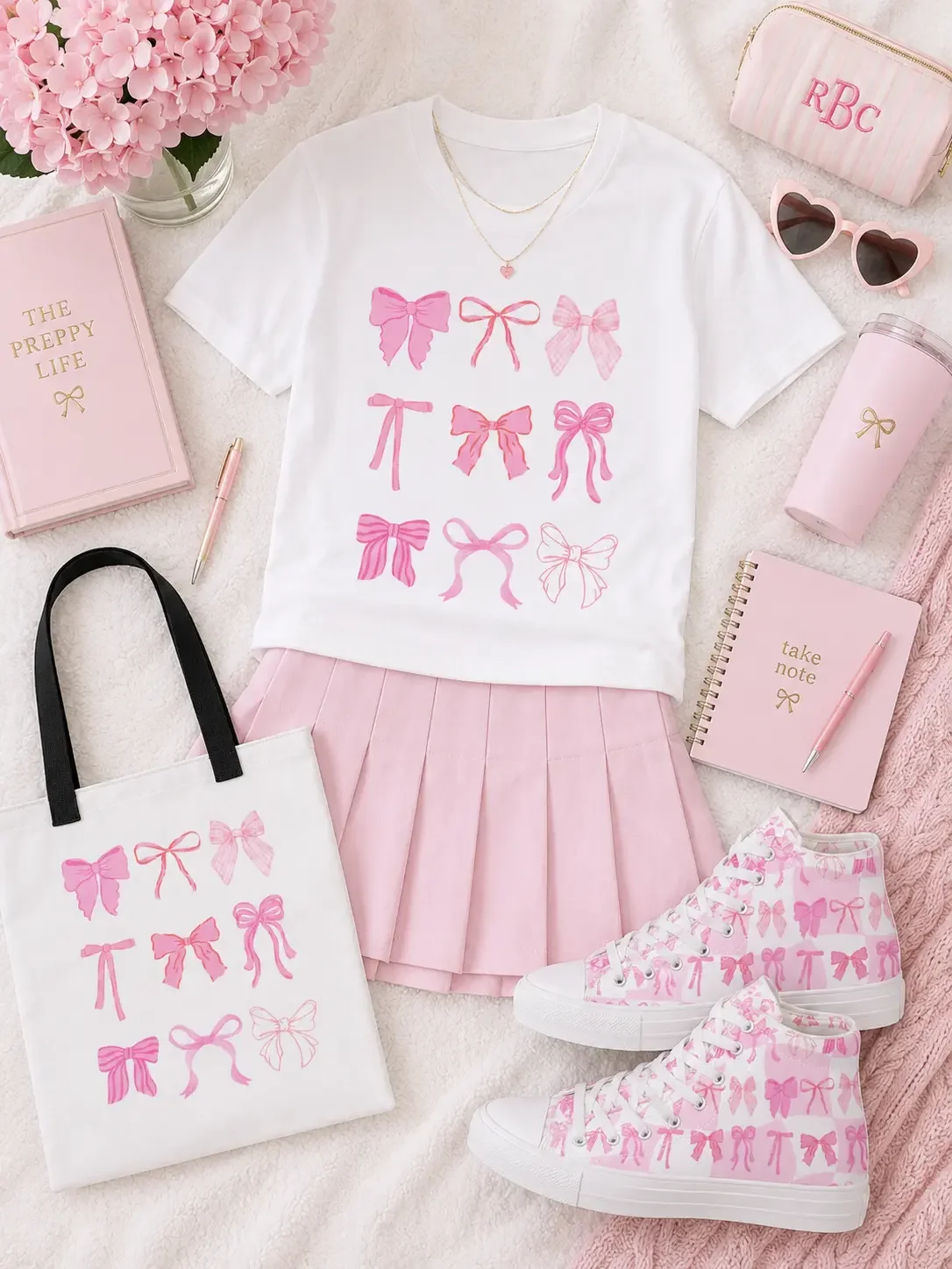 Flat lay of a white t-shirt with pink bows, matching pleated skirt, tote bag, canvas high-tops, and pink accessories.