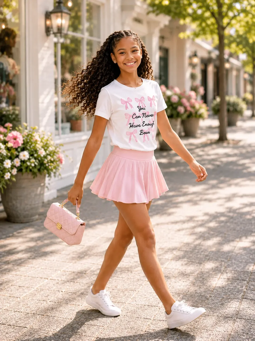 Girl walking outside wearing a white graphic t-shirt with a pink pleated skirt and carrying a small pink purse.
