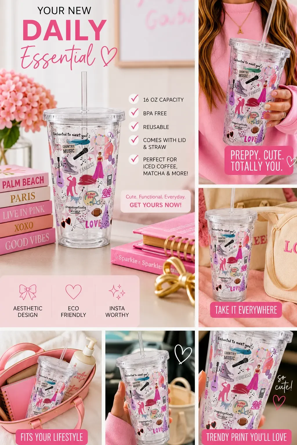 Infographic for a preppy country music pop star doodle tumbler cup, detailing its 16oz reusable features and lifestyle photos.
