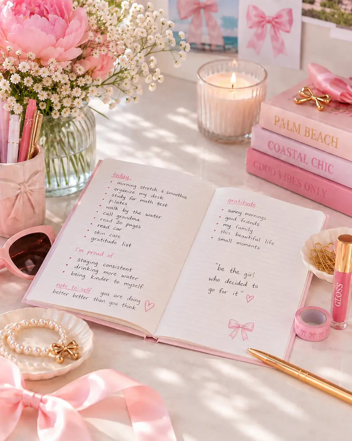 An open journal with a daily self-care checklist and gratitude notes on an aesthetic pink desk layout with fresh flowers and a candle.