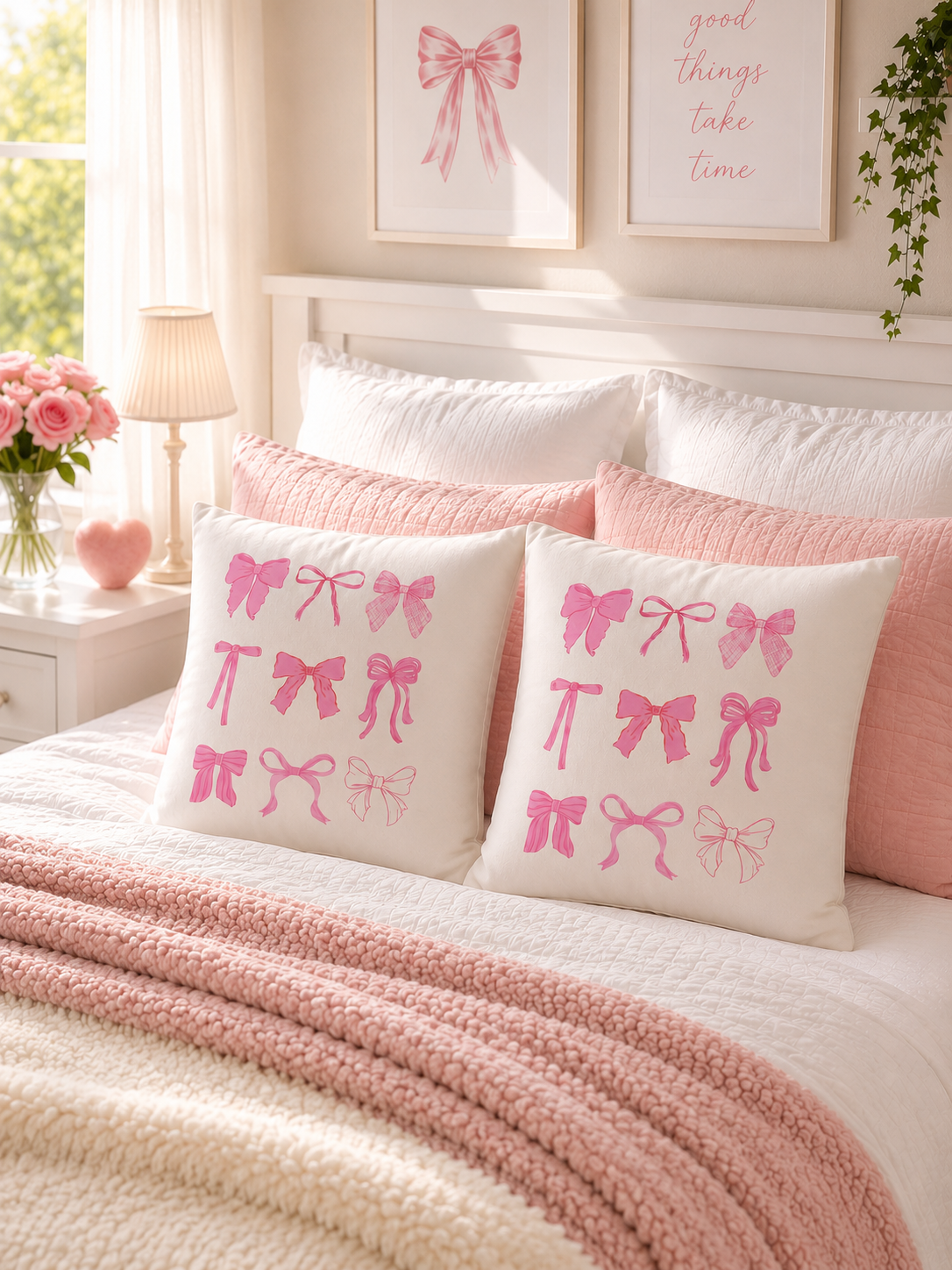 A matching set of white square pillows printed with pink ribbon bows displayed on a bed below framed wall art prints.