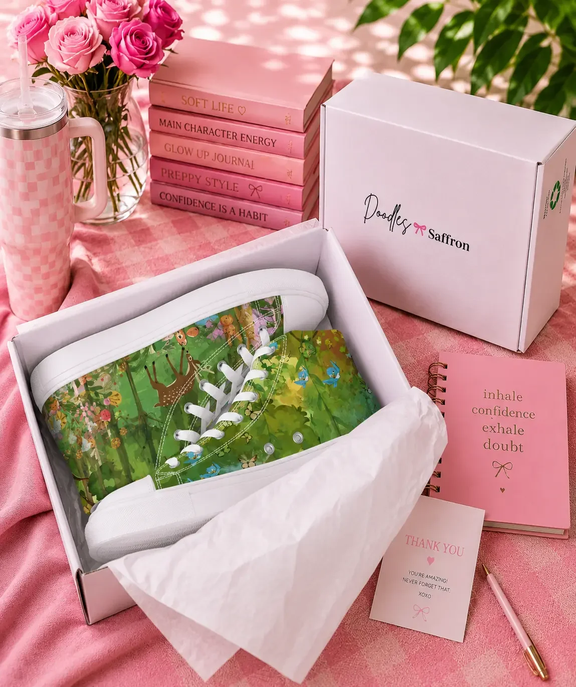 A pair of green forest woodland print high-top sneakers packed neatly inside an open white Doodles and Saffron shoebox on a pink tablecloth.