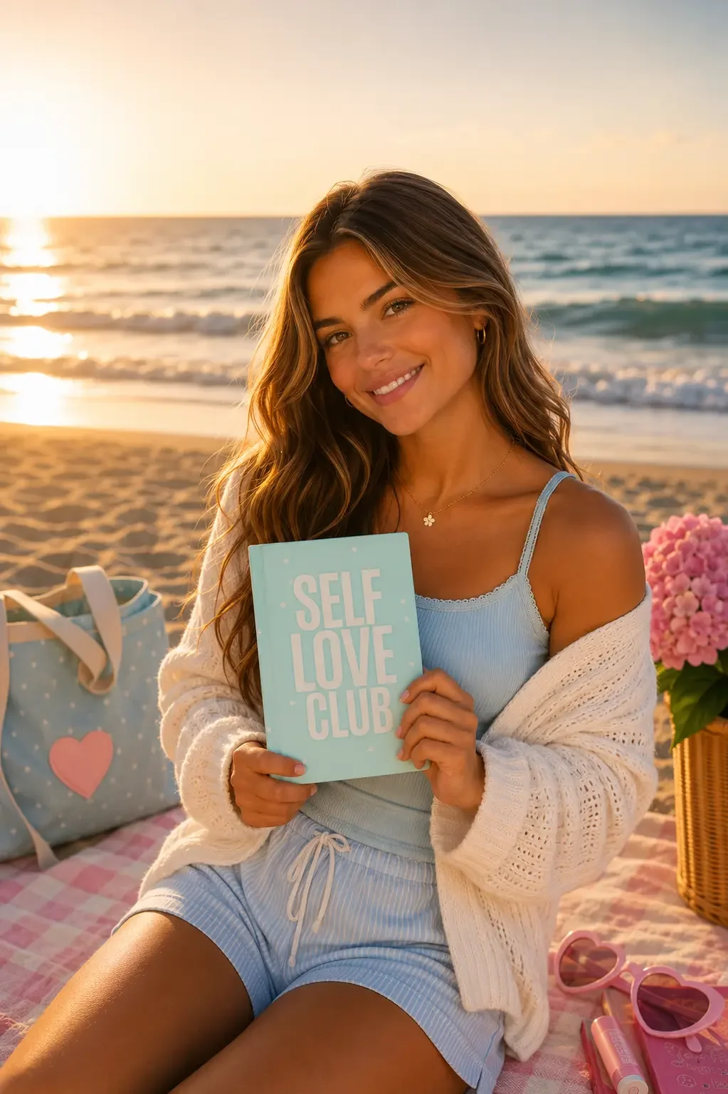 Smiling woman with long wavy hair sitting on a beach blanket at sunset, holding a mint green Self Love Club notebook.