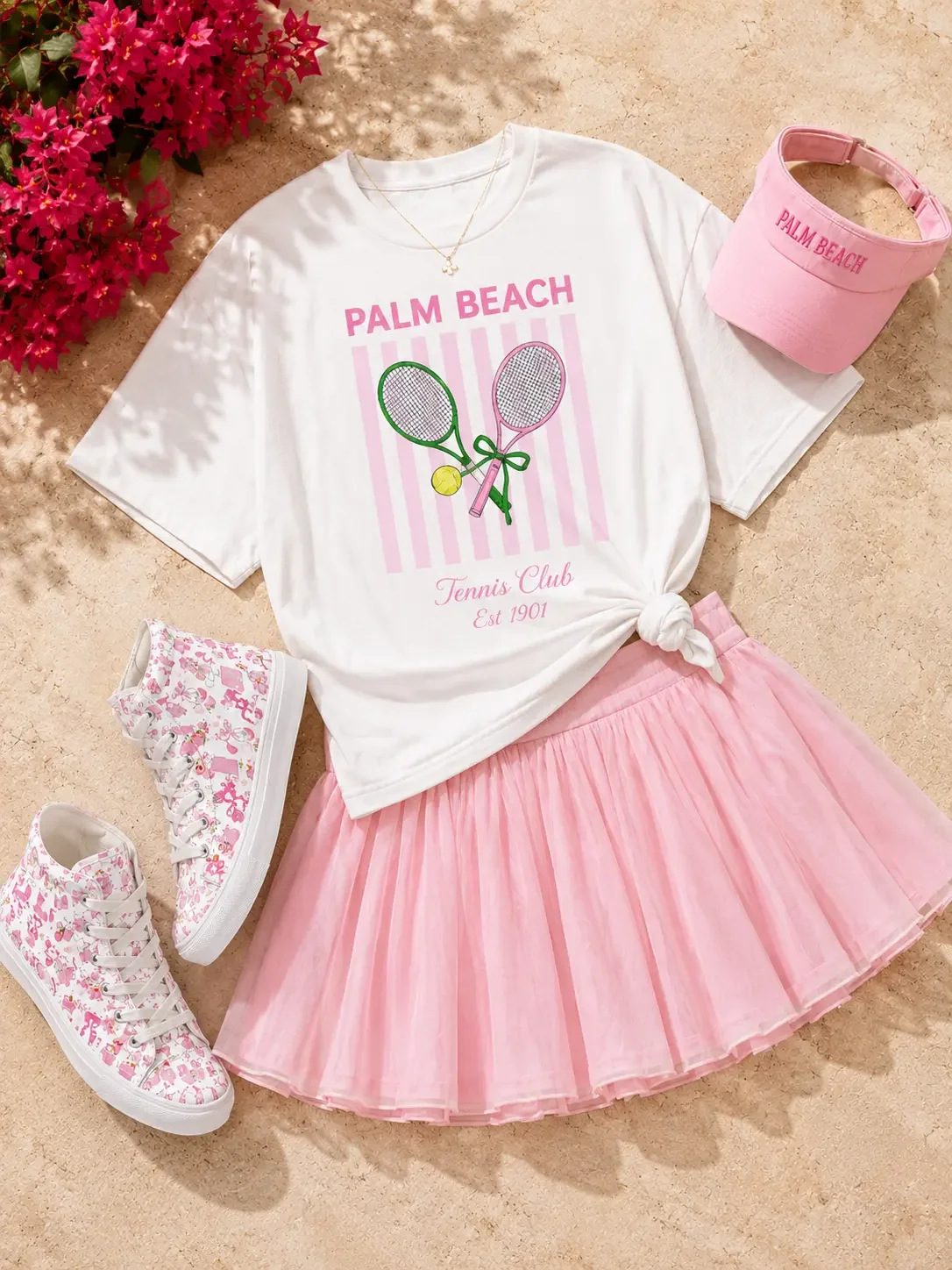 palm-beach-tennis-tshirt-pink-skirt-outfit-flatlay.webp