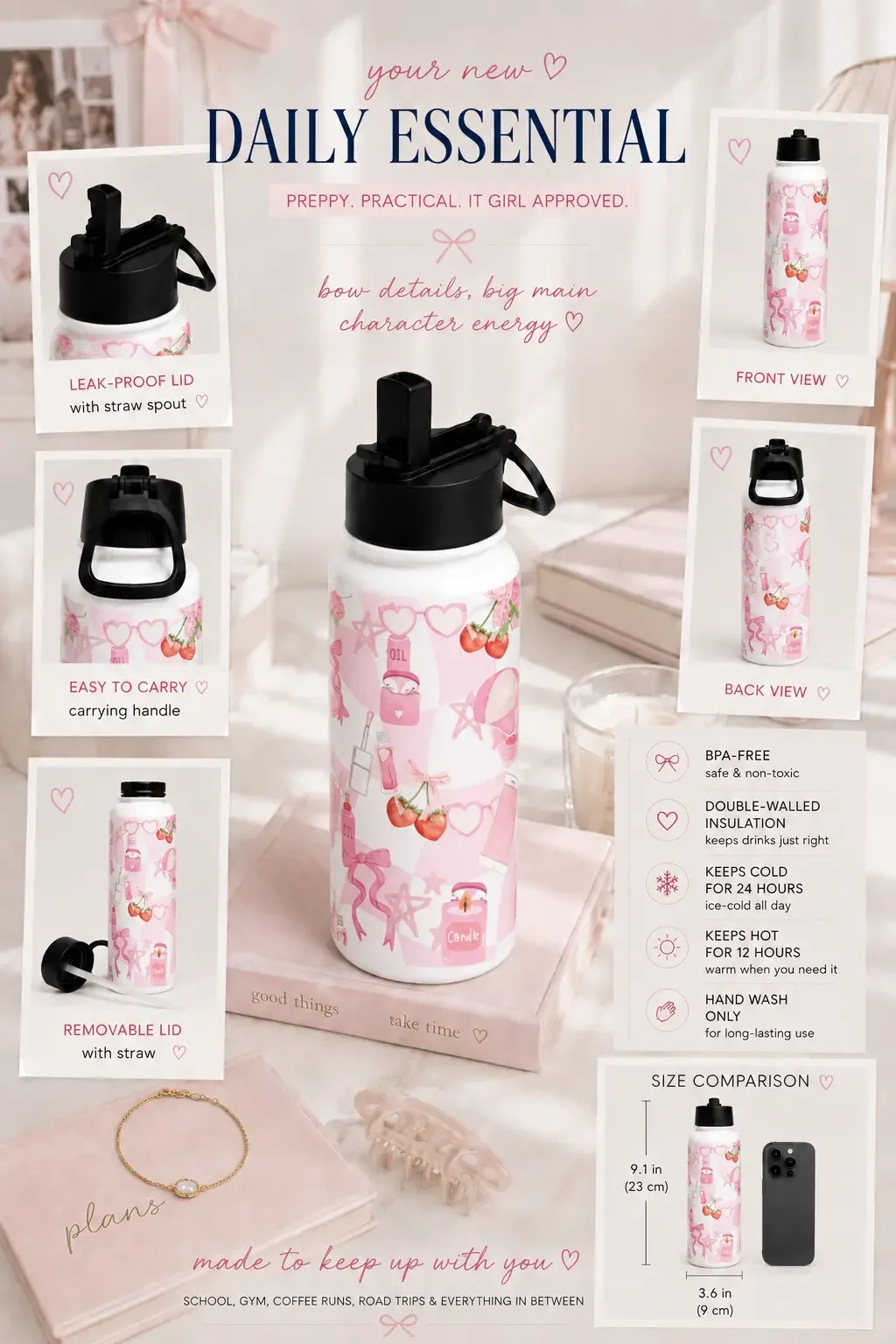 Product info chart showing size dimensions, front and back views, lid options, and features of a pink coquette tumbler.