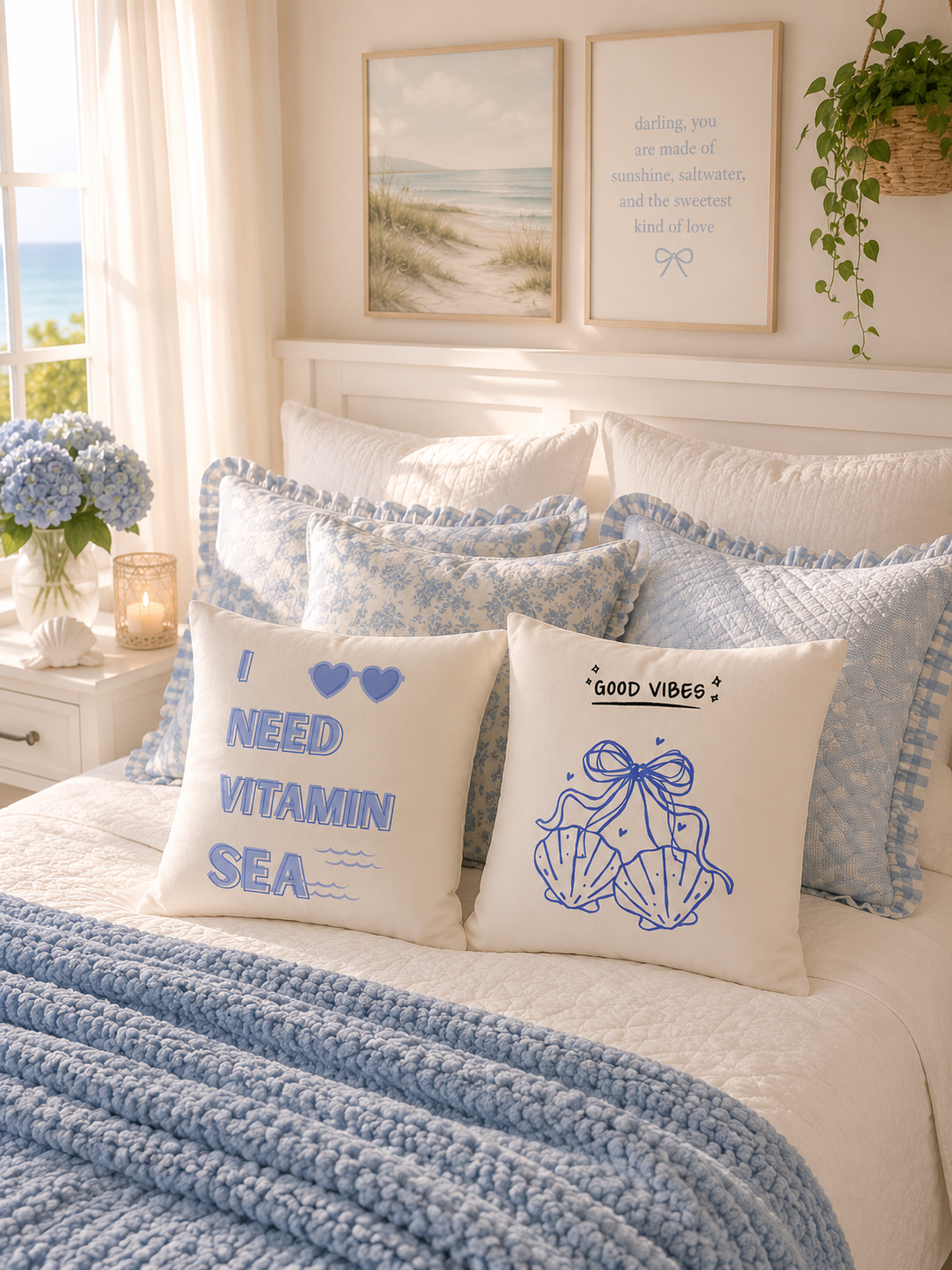 A pair of white square pillows printed with I Need Vitamin Sea text and a blue seashell bow ribbon sketch displayed on a decorated bed.