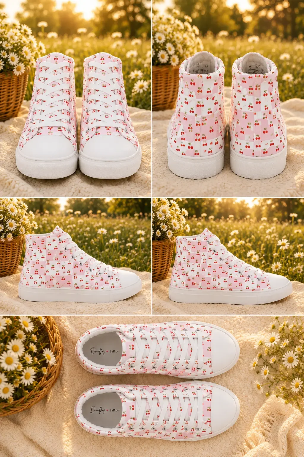 Collage showing five different angles of pink checkered high-top sneakers with cherry print on a blanket in a daisy field.
