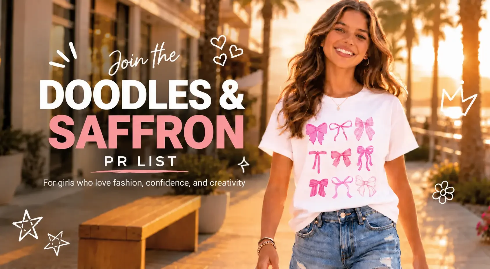 Smiling woman wearing a white graphic t-shirt featuring pink coquette bows next to text promoting the Doodles and Saffron PR list.