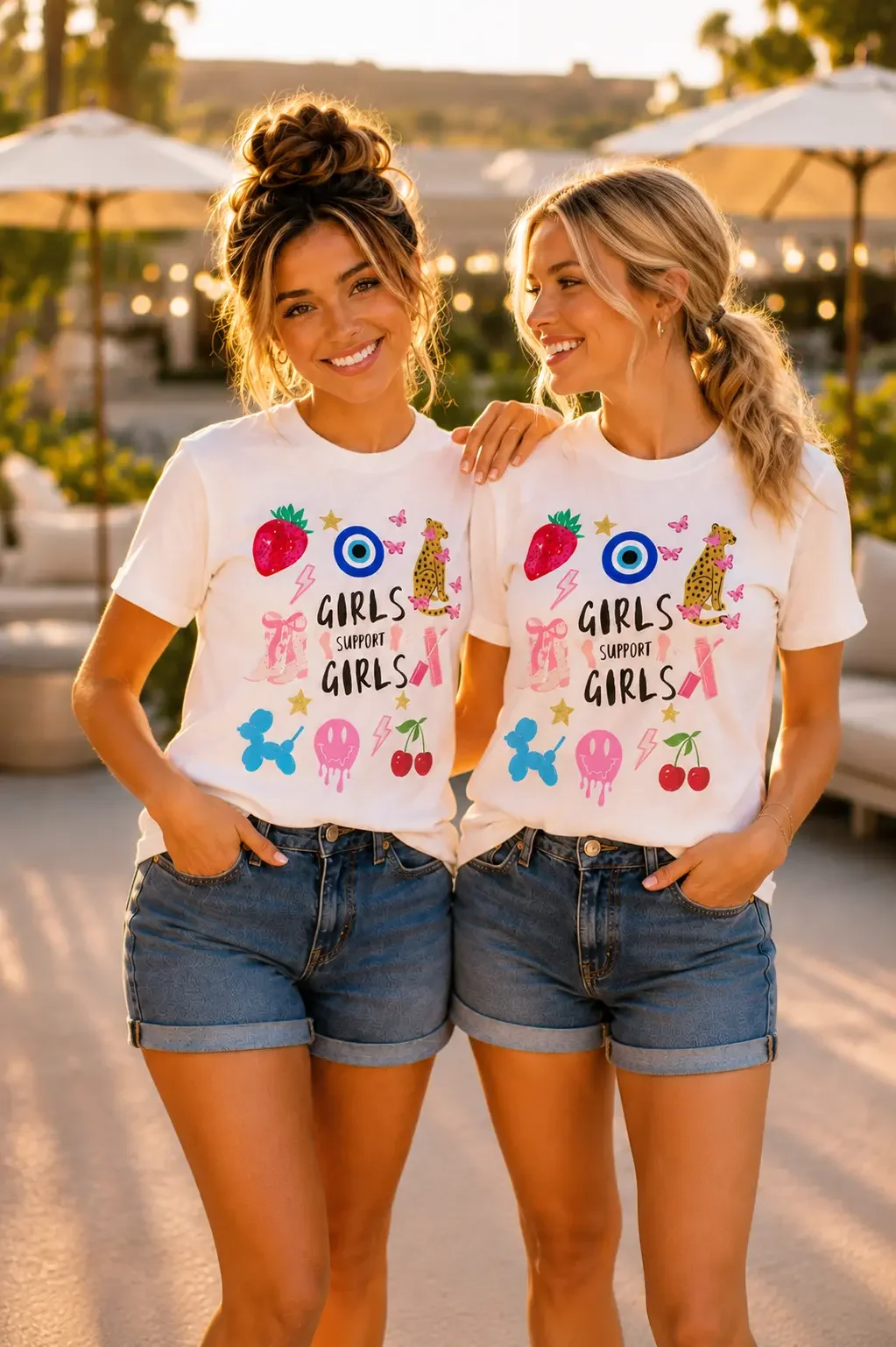 Two smiling women posing outdoors wearing matching white Girls Support Girls graphic t-shirts and denim shorts.