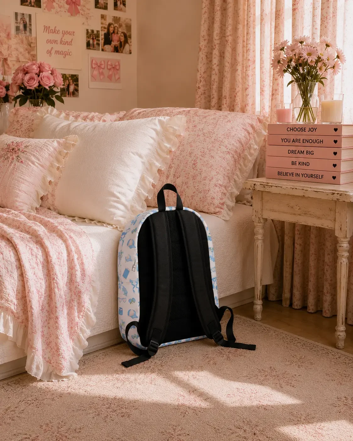 A close-up view of the back of a white backpack with a light blue doodle print resting on the floor against a bed, highlighting its black padded straps and back panel.