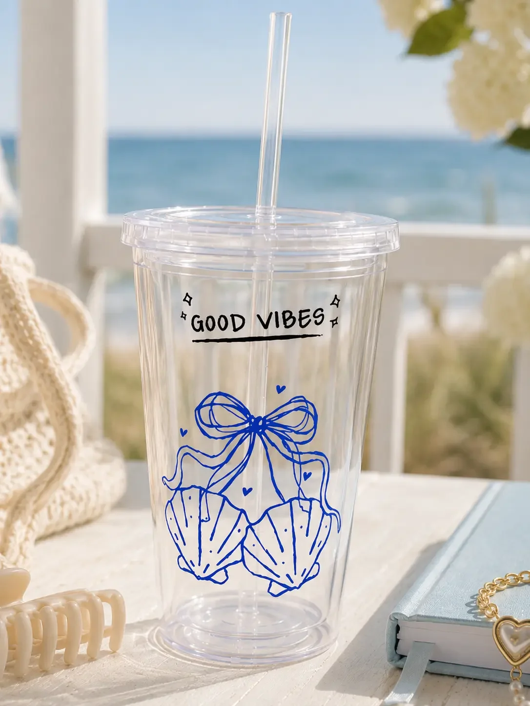 Good Vibes Seashell Tumbler with Straw