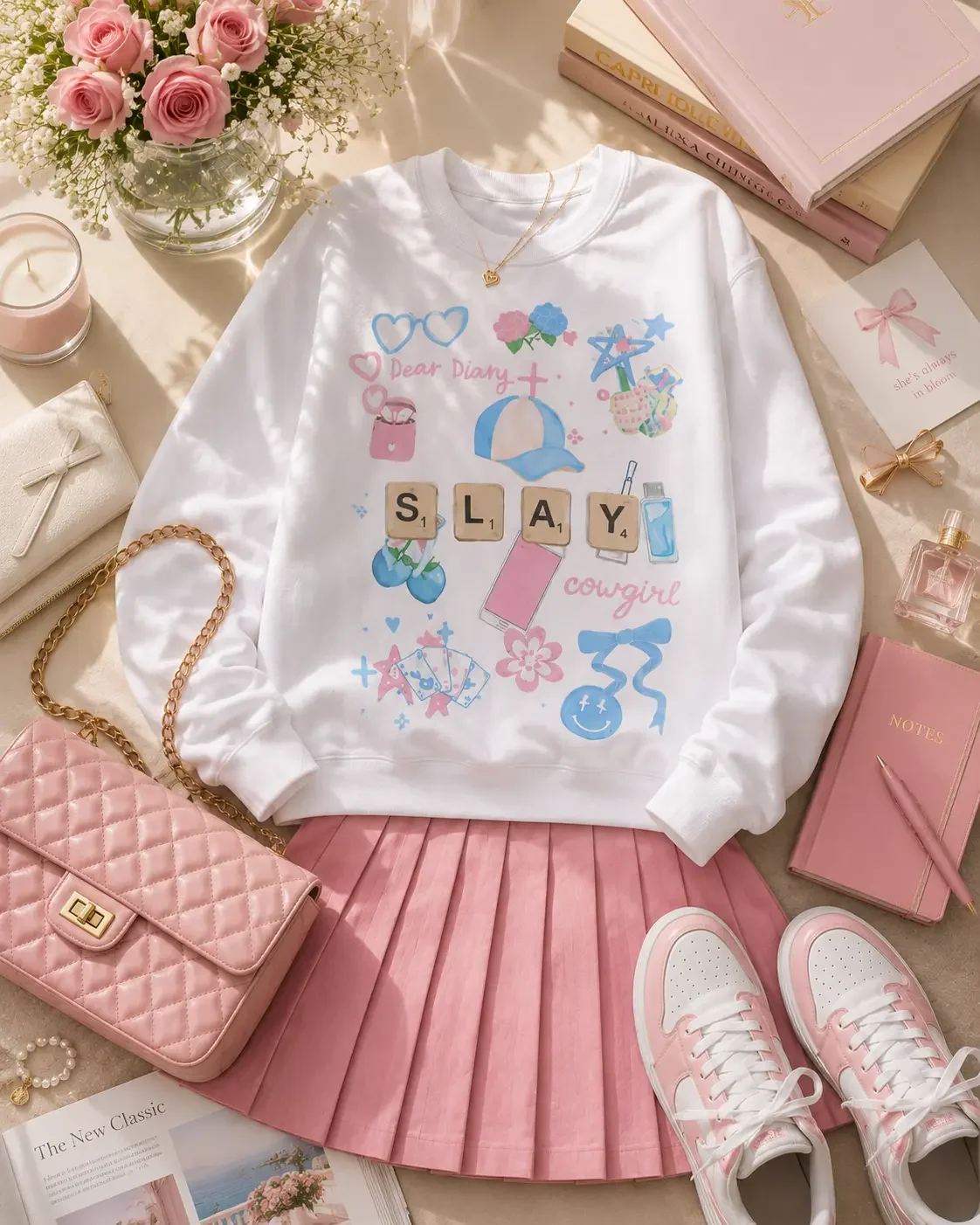 Product view of a white crewneck sweatshirt laid flat showcasing a colorful pastel doodle design with Scrabble tiles spelling SLAY.