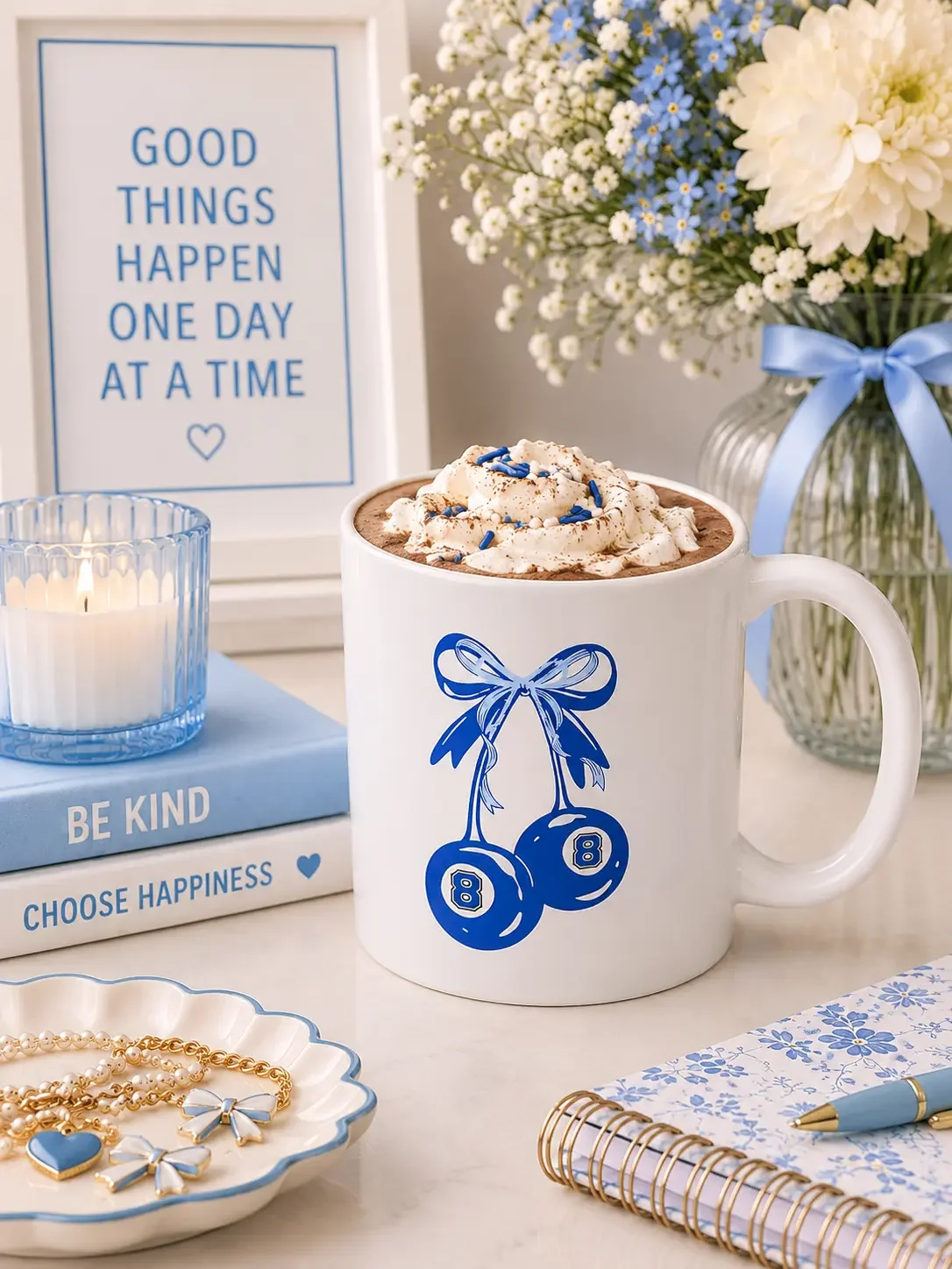 Blue 8-Ball Cherry Coquette Bow Mug